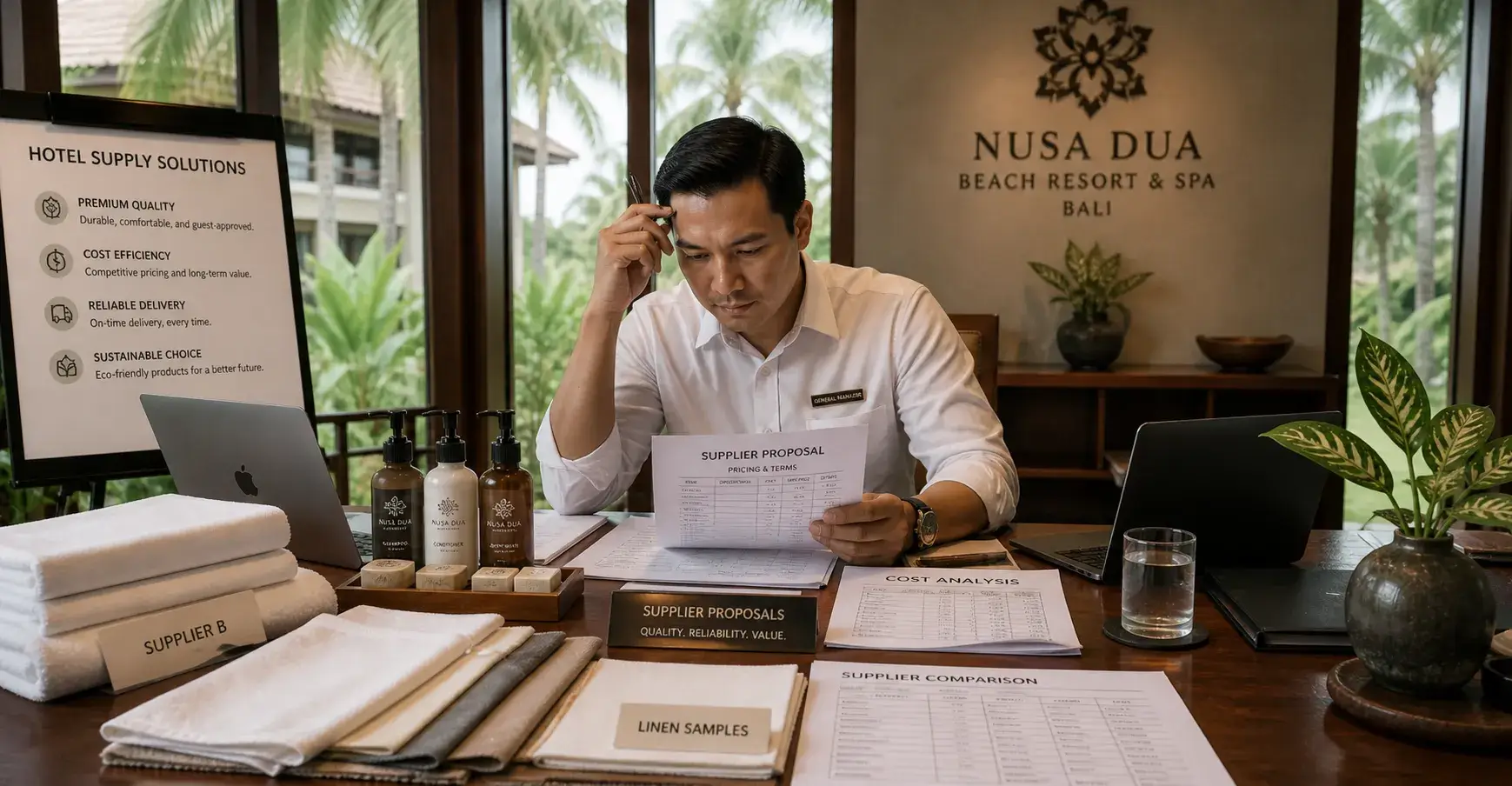 Hotel manager choosing Bali supplier