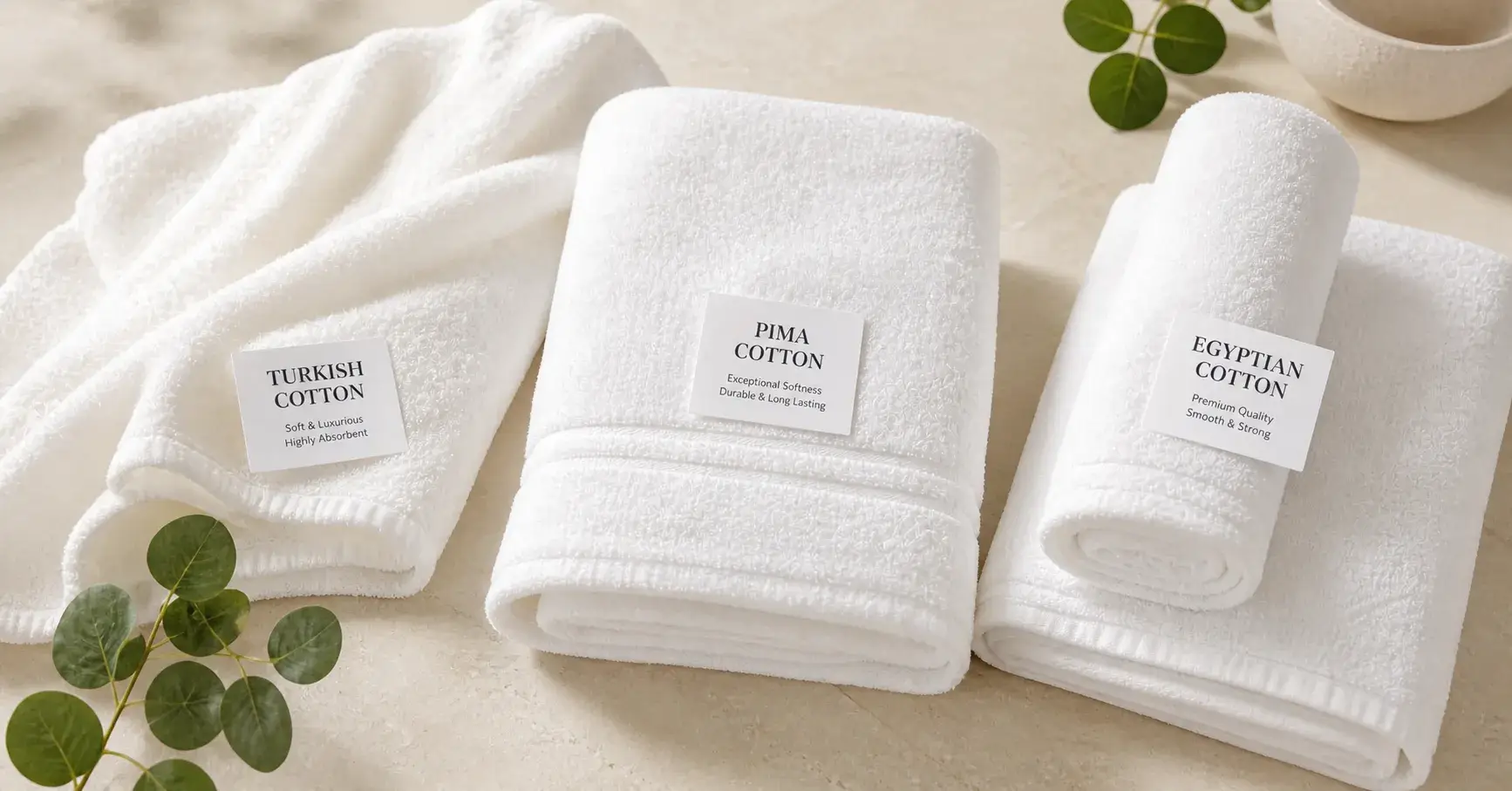 Premium cotton towels Turkish Pima Egyptian comparison display