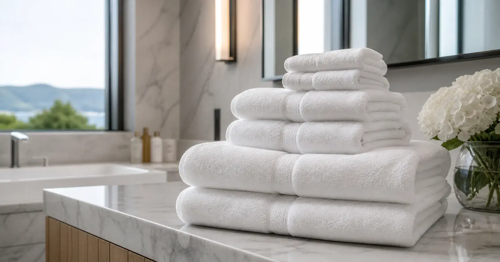 Luxury white hotel towels stacked neatly in modern bathroom