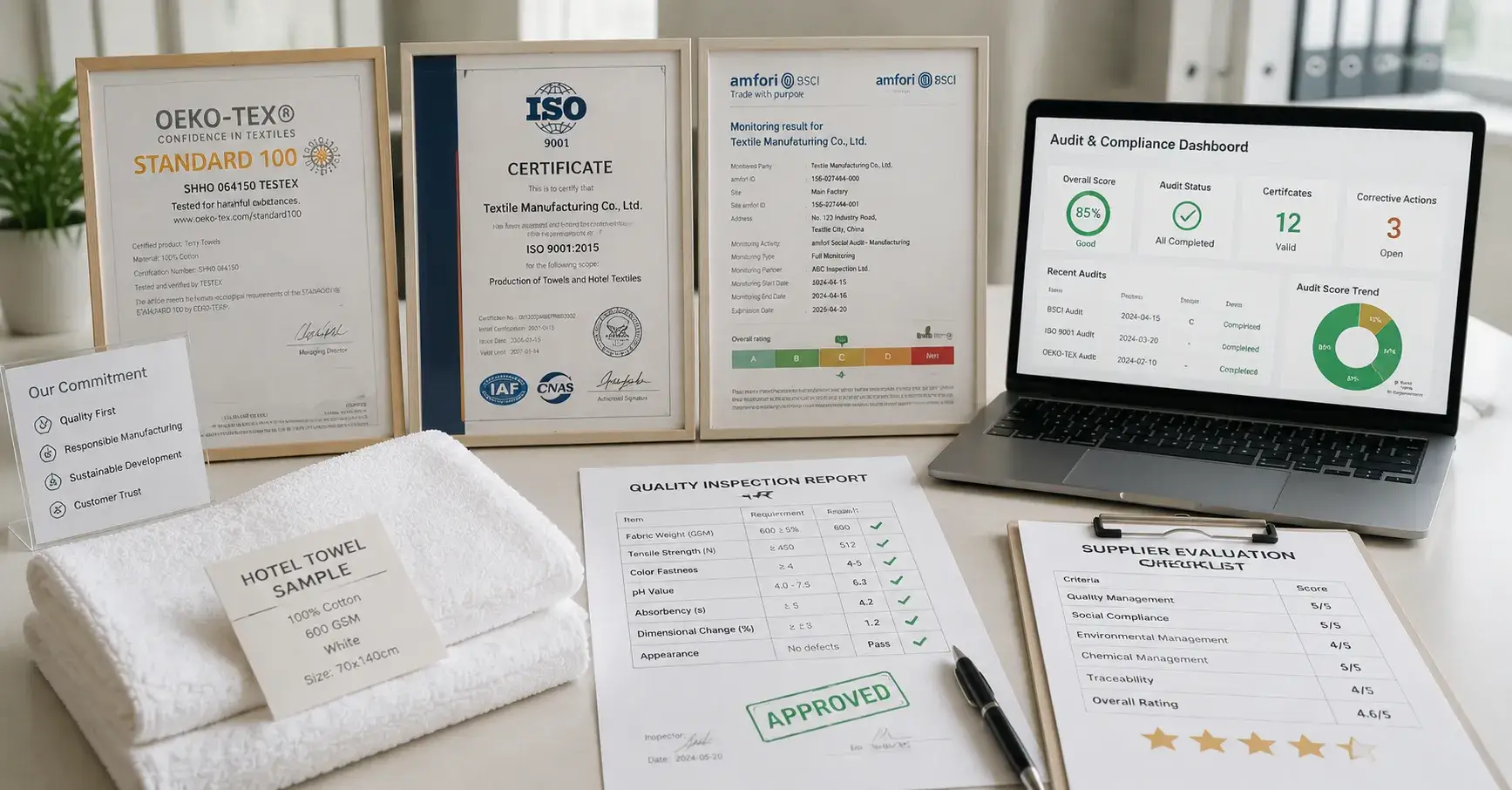 Towel Certifications Hotel textile certifications and compliance documents on desk