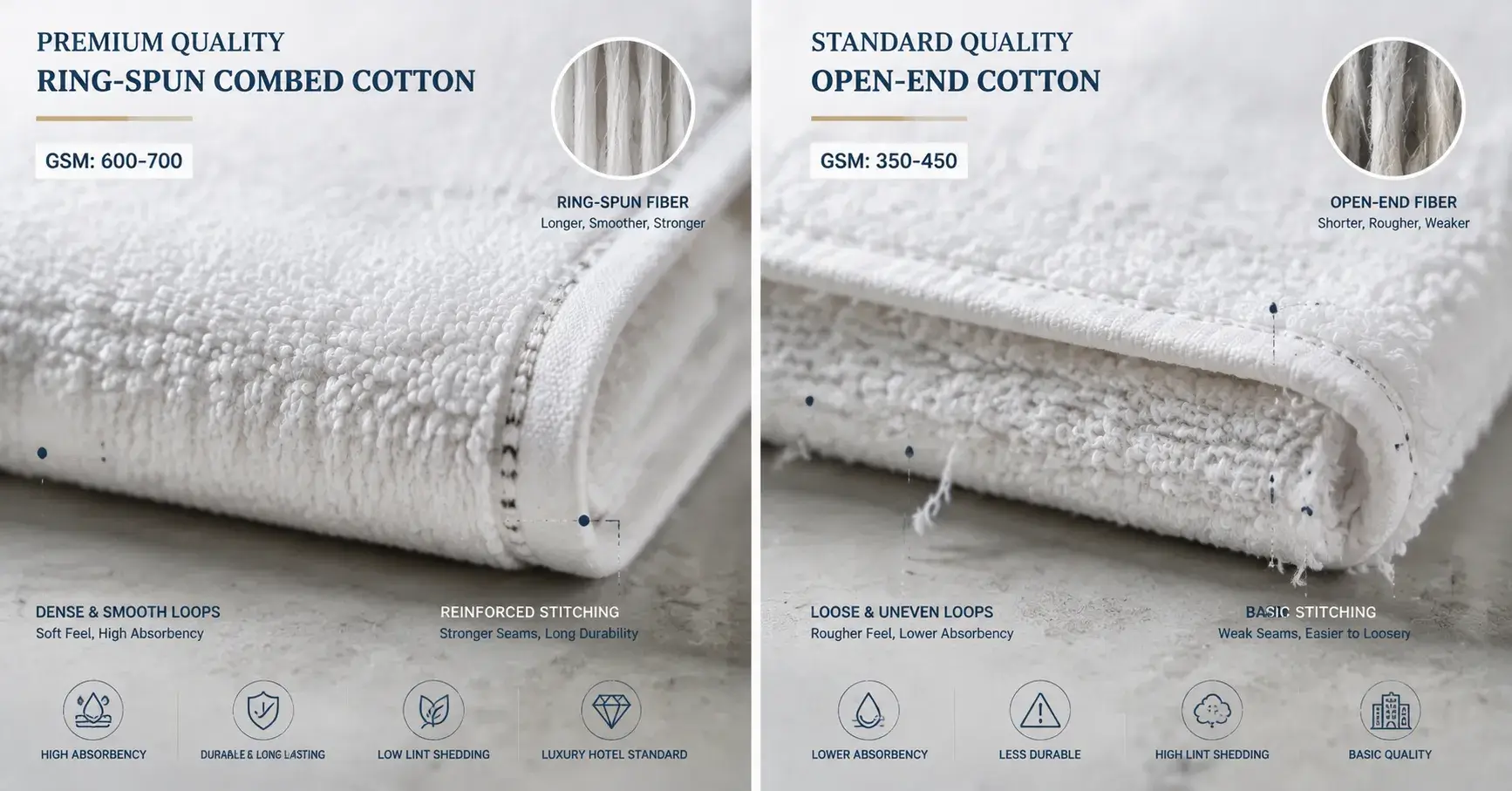 Close-up comparison of ring-spun vs open-end cotton towel weave