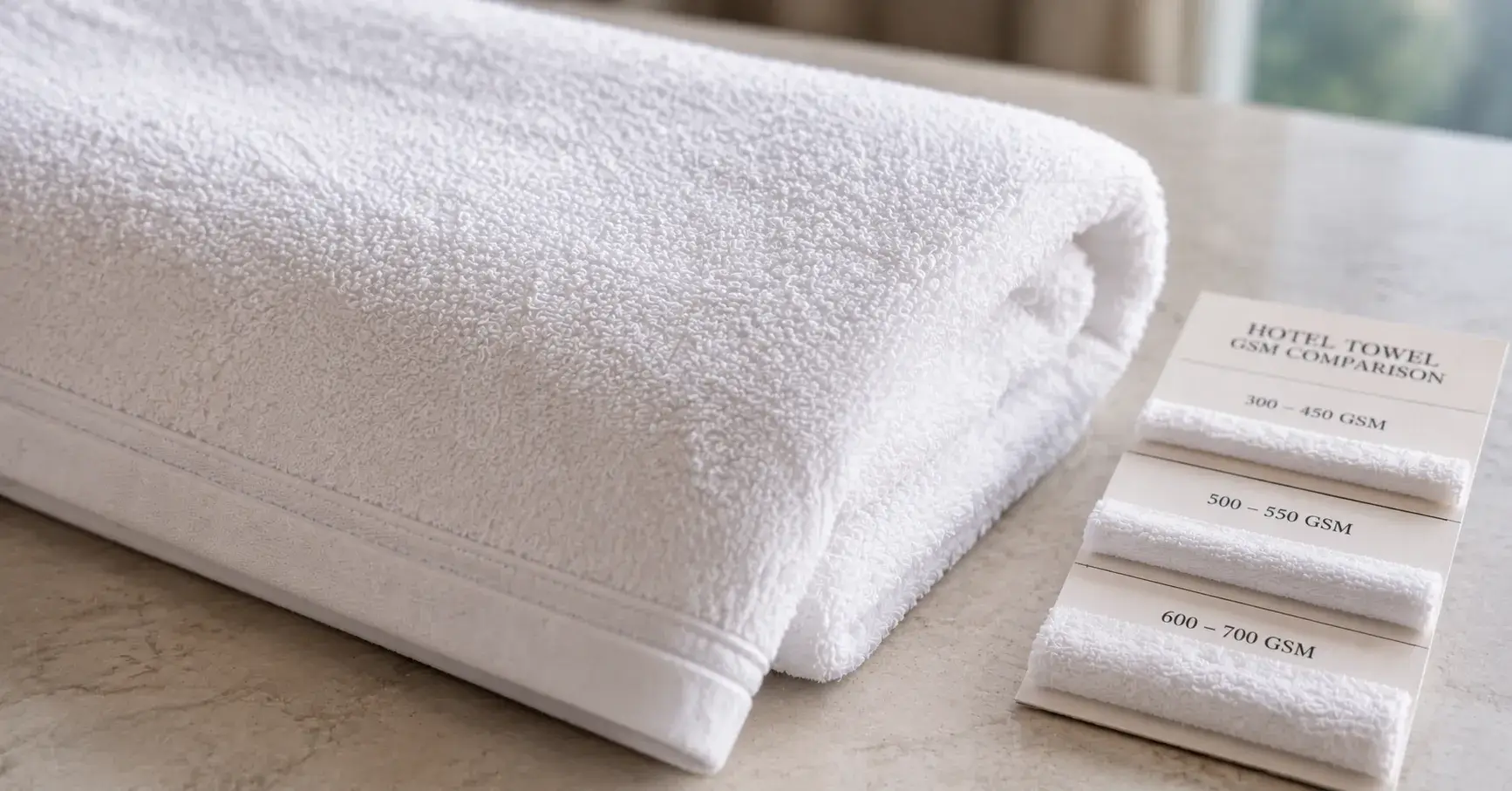 Hotel Towel Quality Close-up of terry cotton towel weave and reinforced stitched hem
