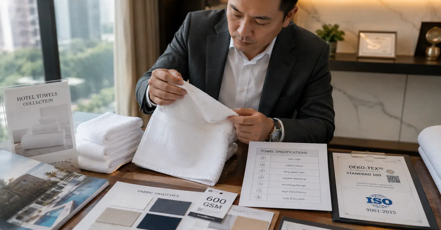 Choosing Hotel Towels Buyer inspecting hotel towel quality and thickness