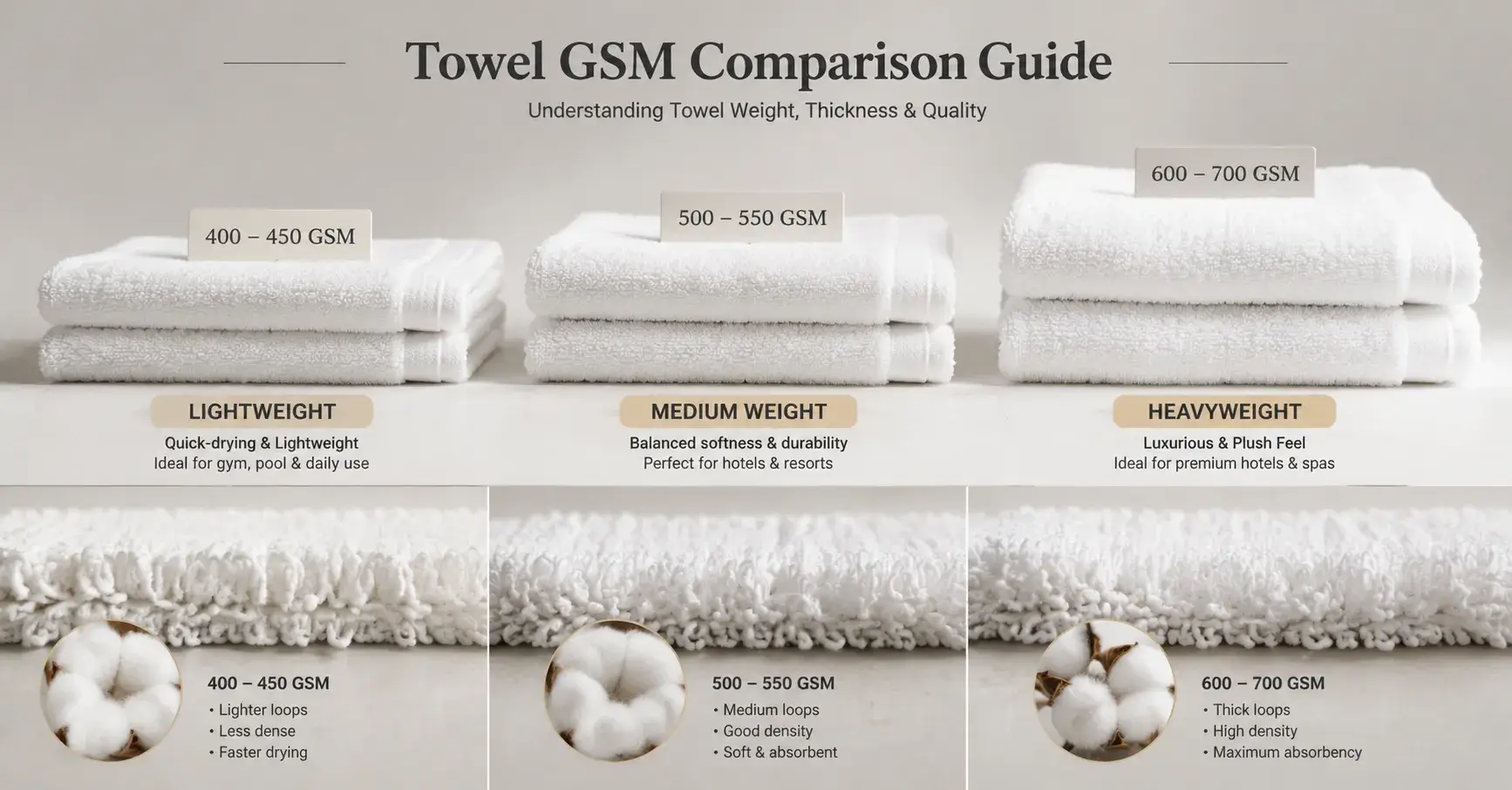 Towel Specifications Guide Hotel towel GSM comparison and cotton texture samples