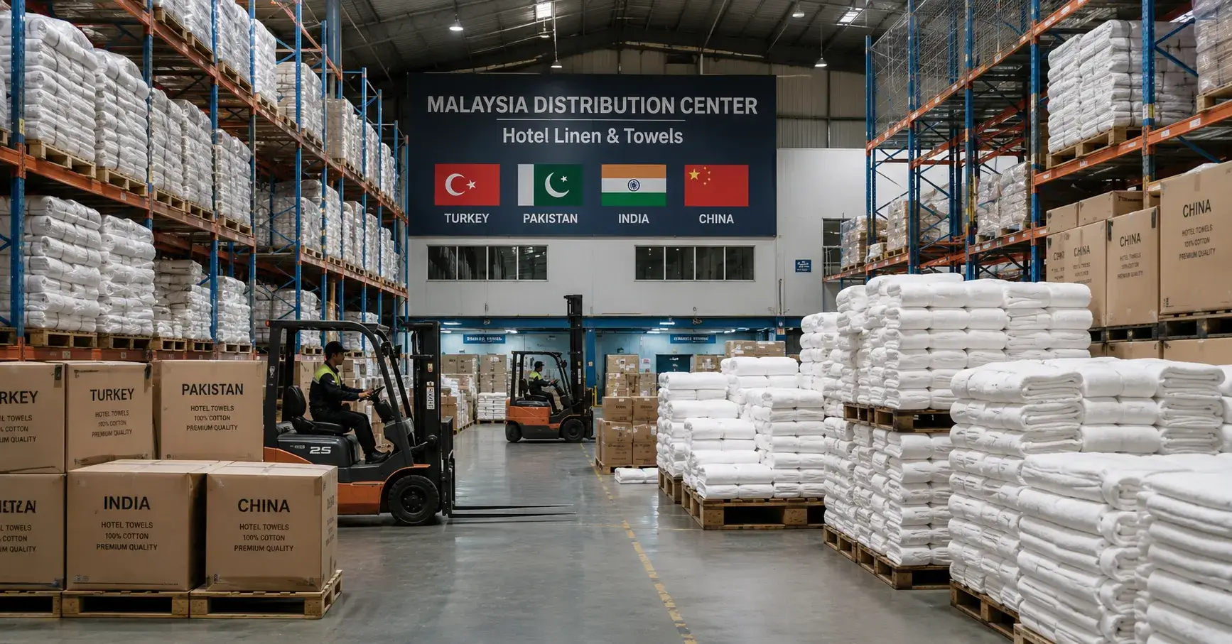 Hotel Supply Chain Imported hotel towels moving through Malaysian warehouse