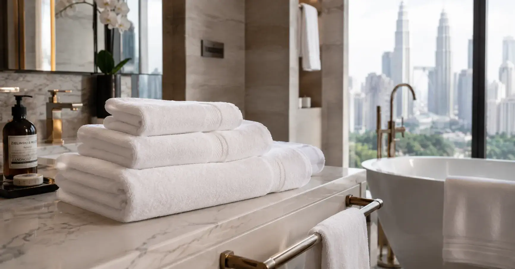 Hotel Towel Suppliers Luxury hotel towels arranged in a modern guest bathroom