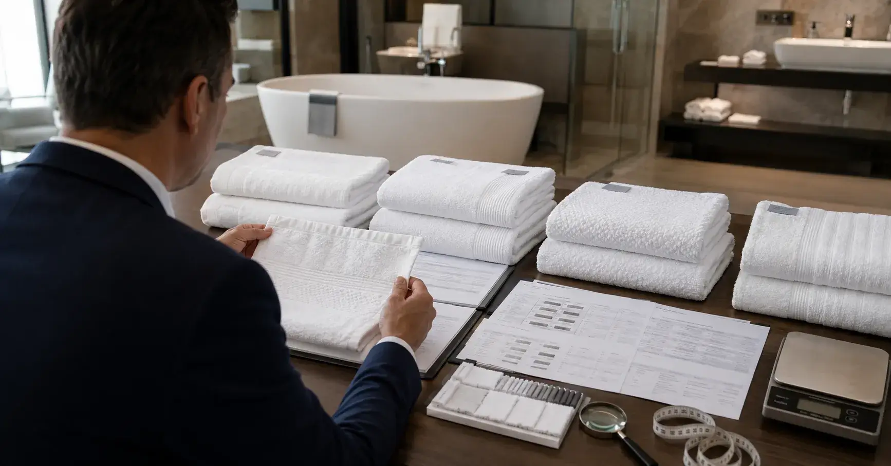 Choosing the Right Supplier Procurement manager evaluating hotel towel specifications and samples