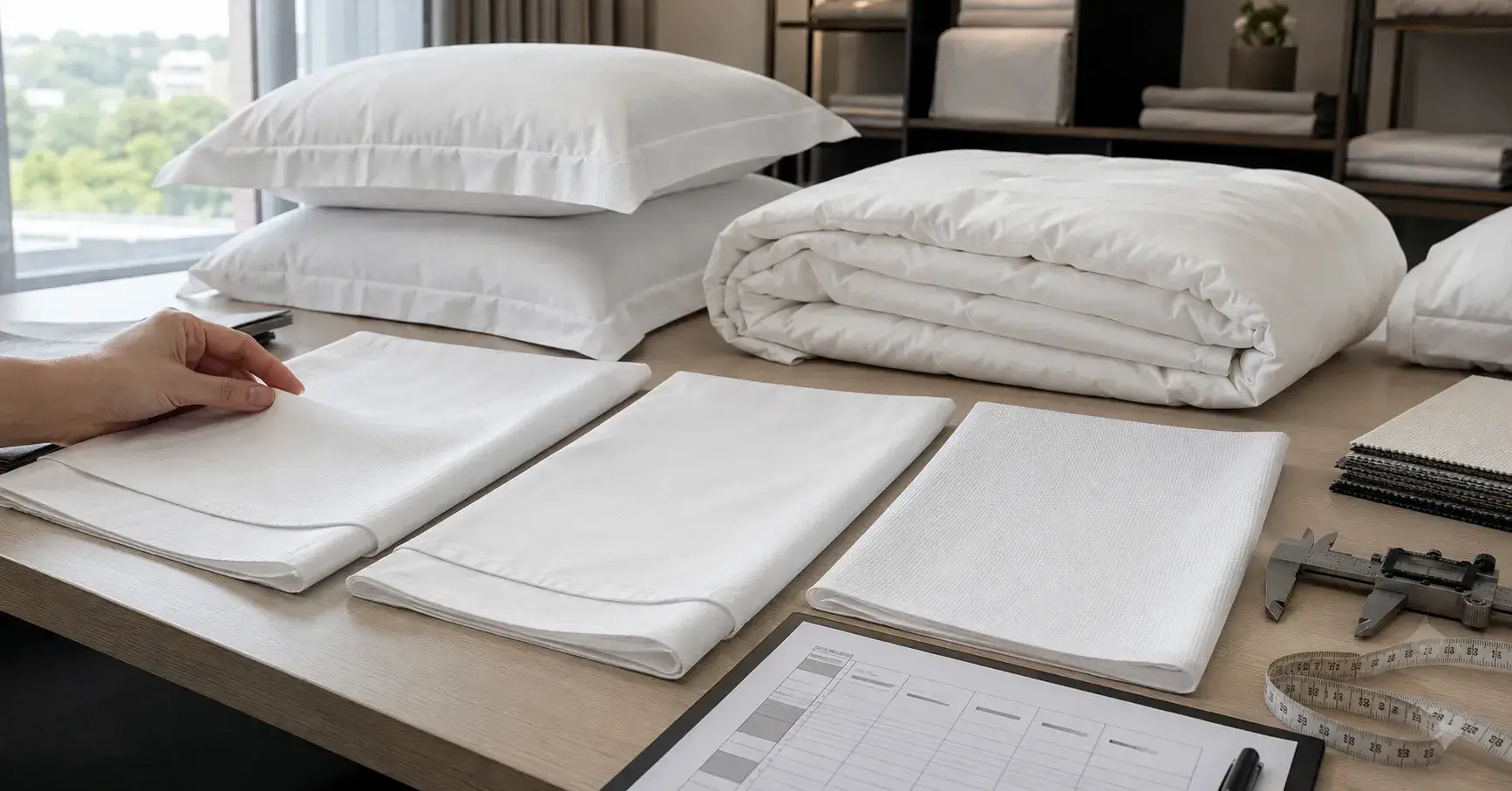 Hotel buyer comparing washed bedding samples and fabric specifications