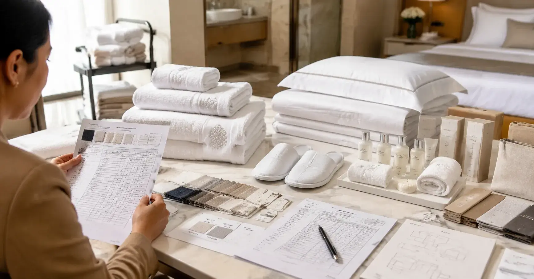 Coordinated Hotel Supply Sourcing Coordinated towels bedding and amenities for hotel procurement
