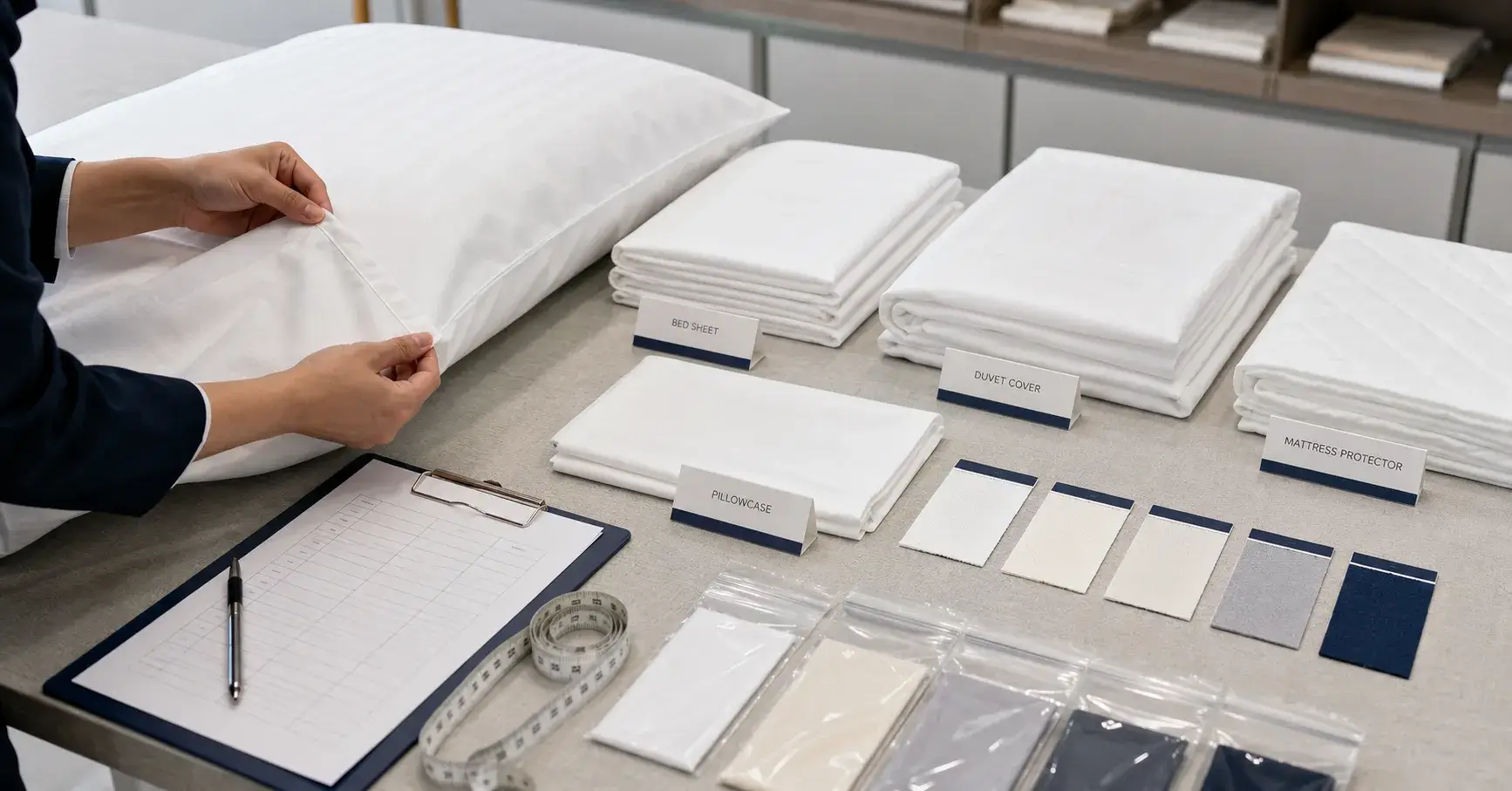 Hotel linen samples inspected with a procurement checklist