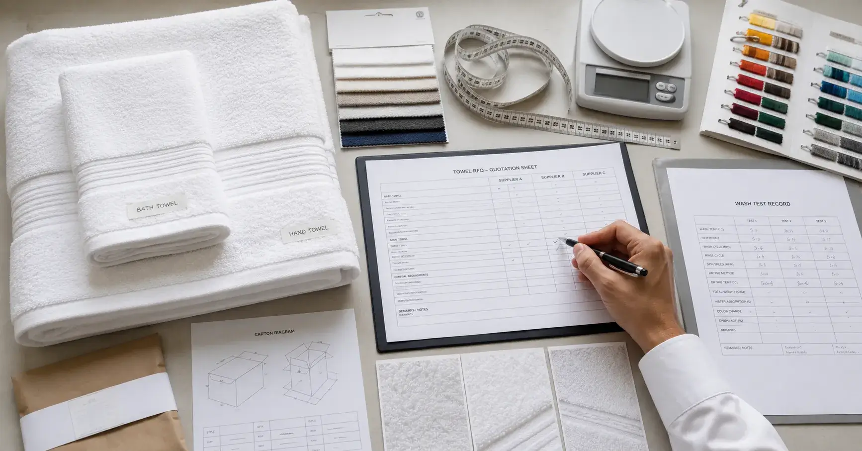 Hotel Towel RFQ Checklist Hotel towel samples beside a detailed procurement checklist