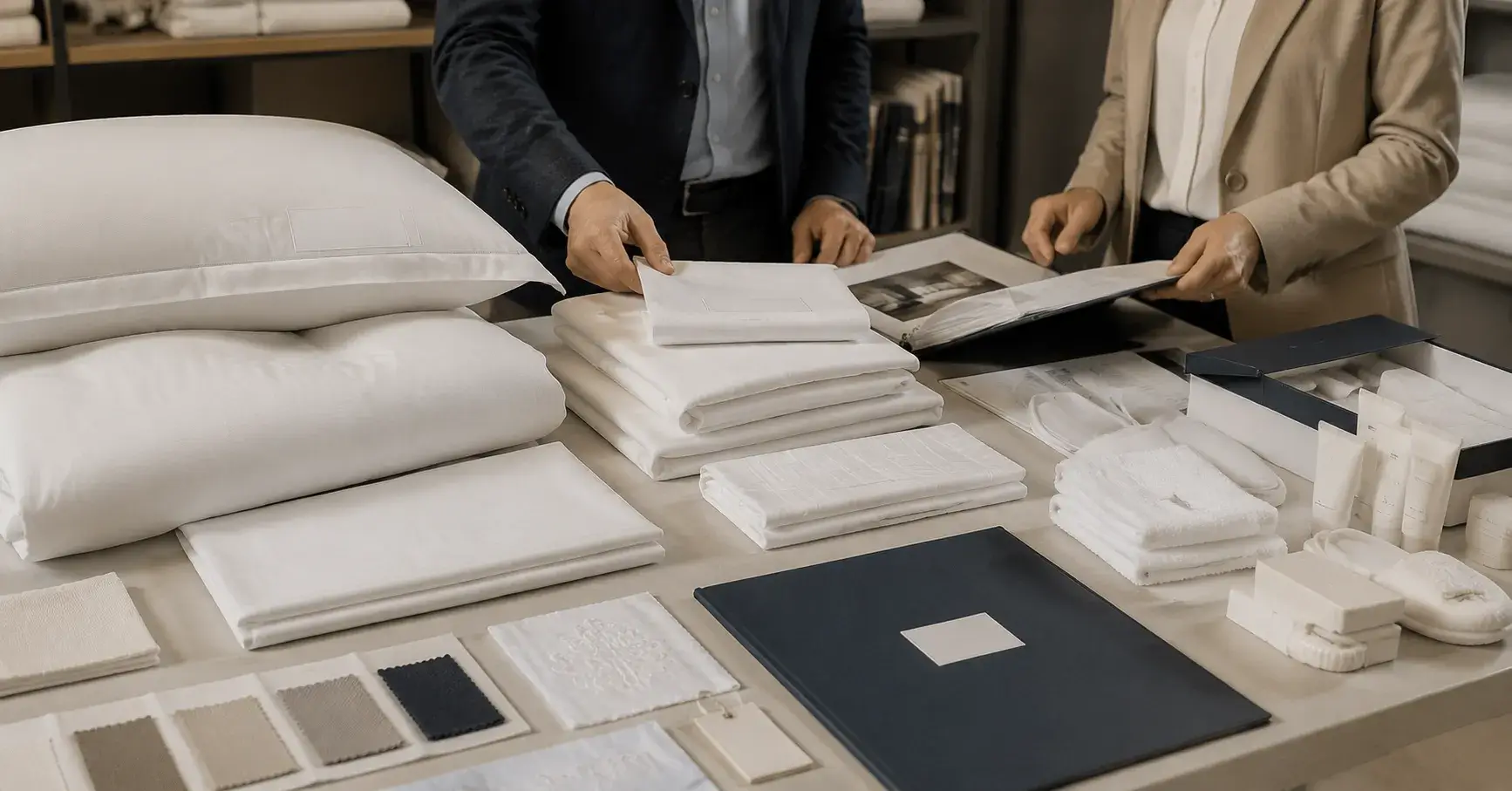 Custom hotel bedding samples prepared for bulk procurement