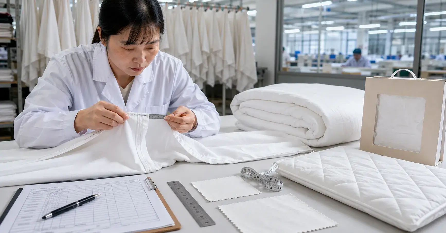 Verify Before Bulk Ordering Inspector checks hotel bedding size stitching and washed fabric quality