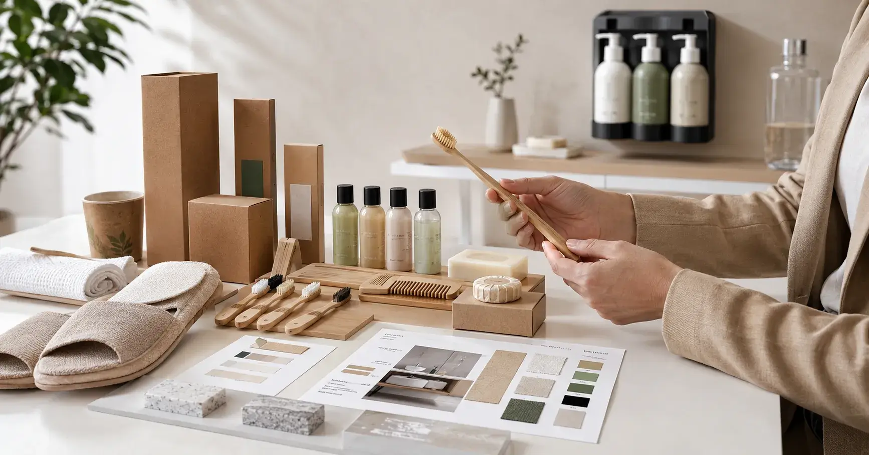 Eco-friendly hotel amenities and refillable dispensers on a procurement table