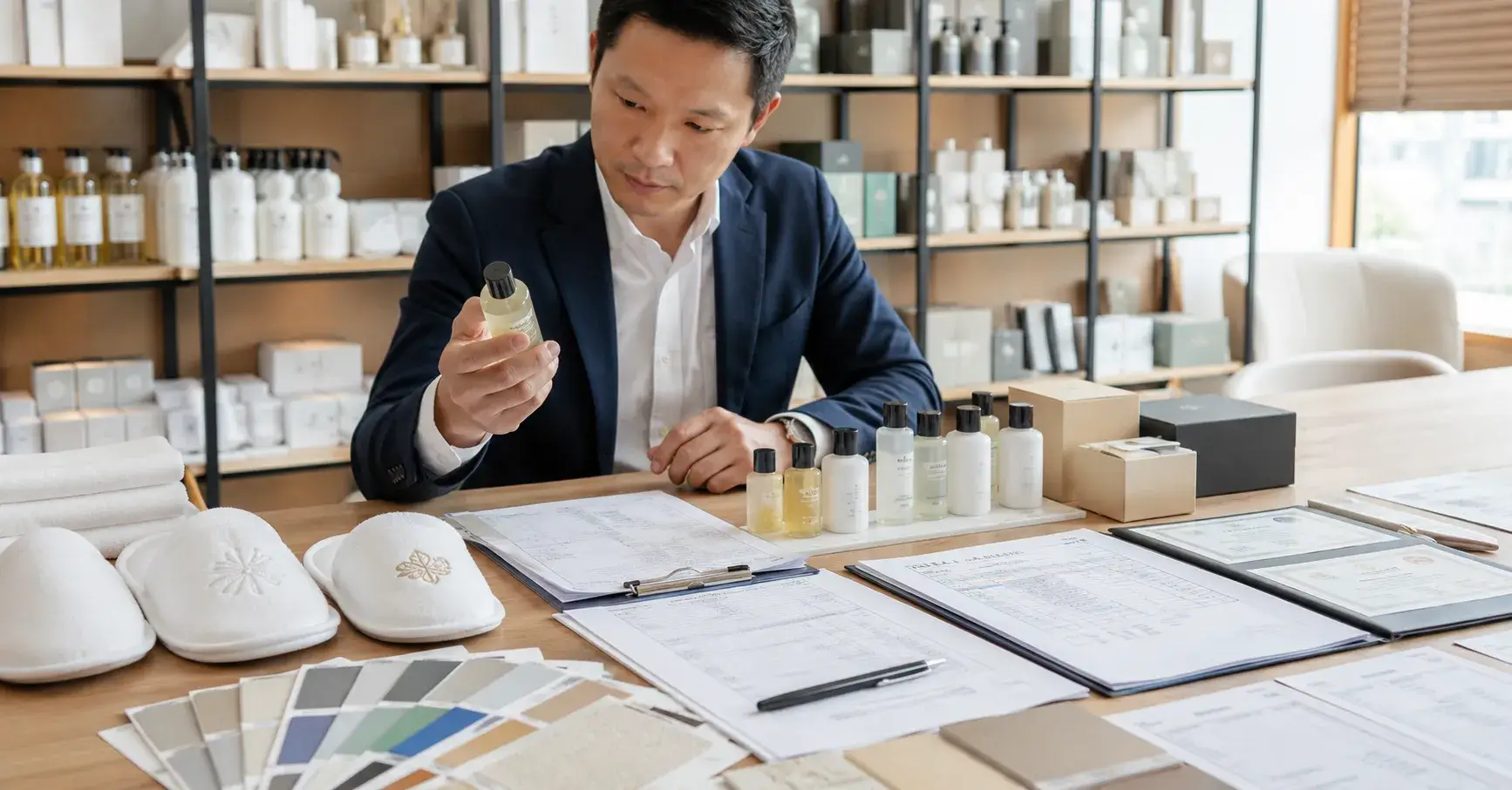 Guest Amenities Buyer Questions Hotel buyer examining custom toiletries, slippers, packaging, and supplier records