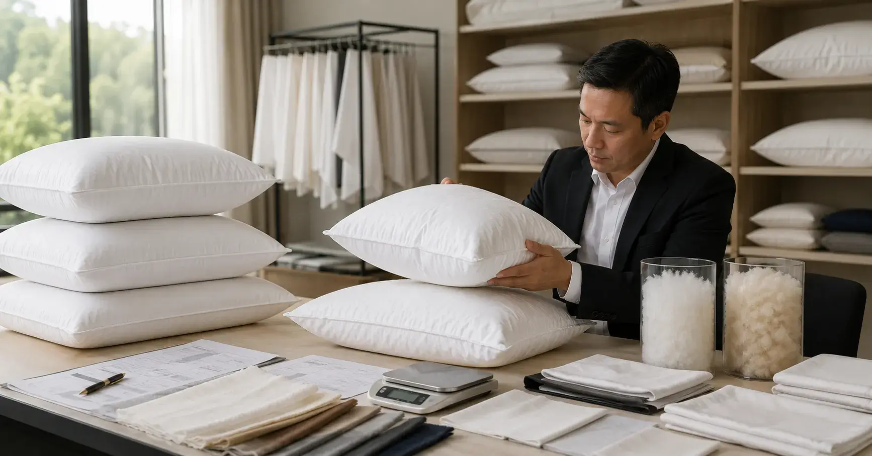 China Pillow Supplier Comparison Hotel buyer comparing pillow samples from China suppliers
