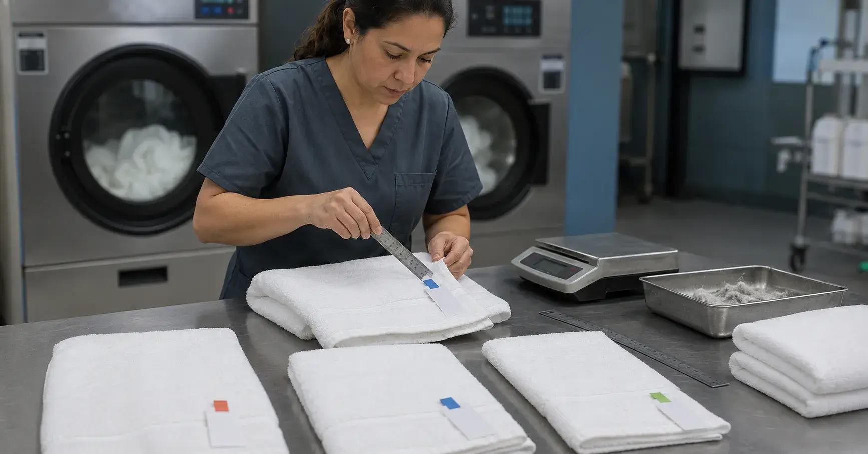 Testing Hotel Towel Samples Technician testing hotel towels after commercial laundering
