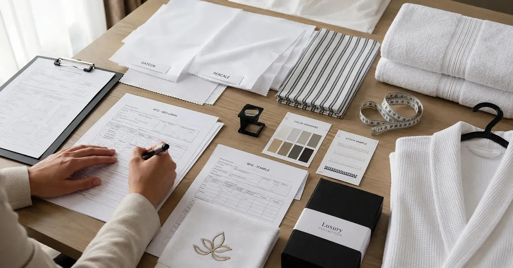 Hotel linen swatches, measurements, specifications, and RFQ documents on a desk