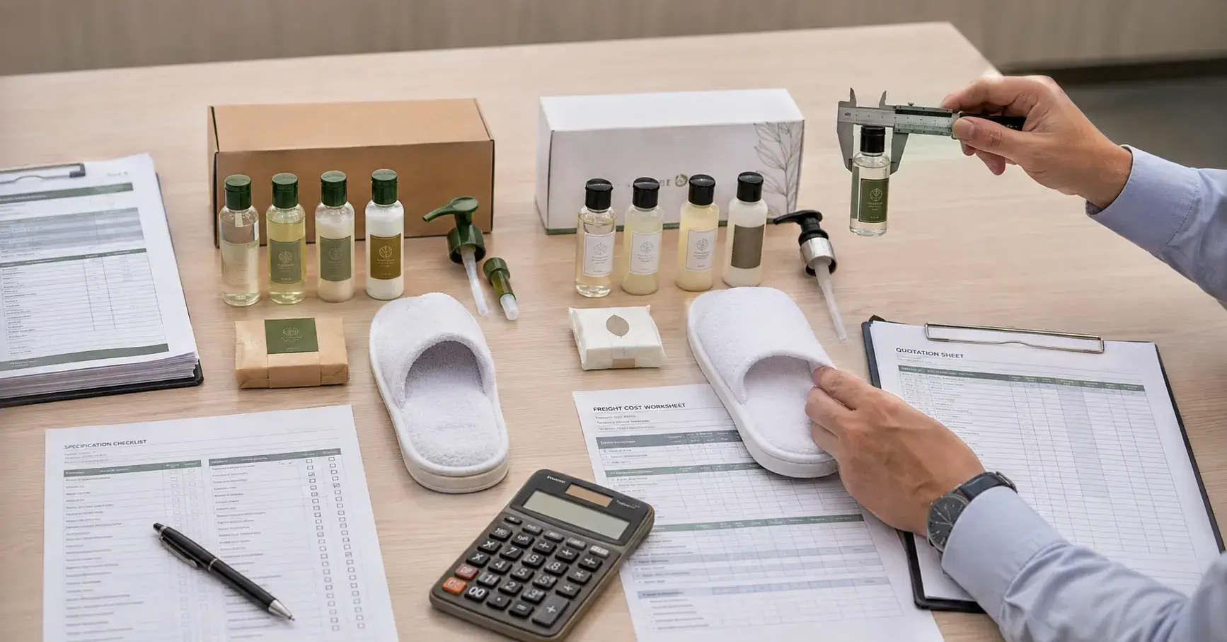 Comparing Amenity Quotations Hotel buyer comparing amenity specifications, quotations, packaging, and landed costs