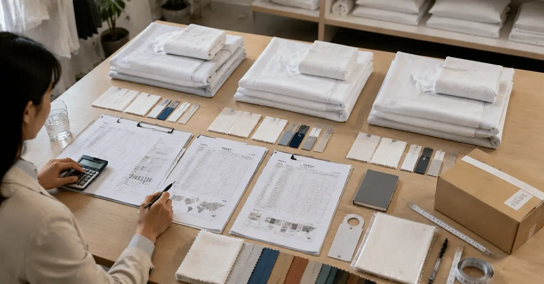 Compare Supplier Quotations Buyer comparing hotel linen samples and normalized supplier quotations