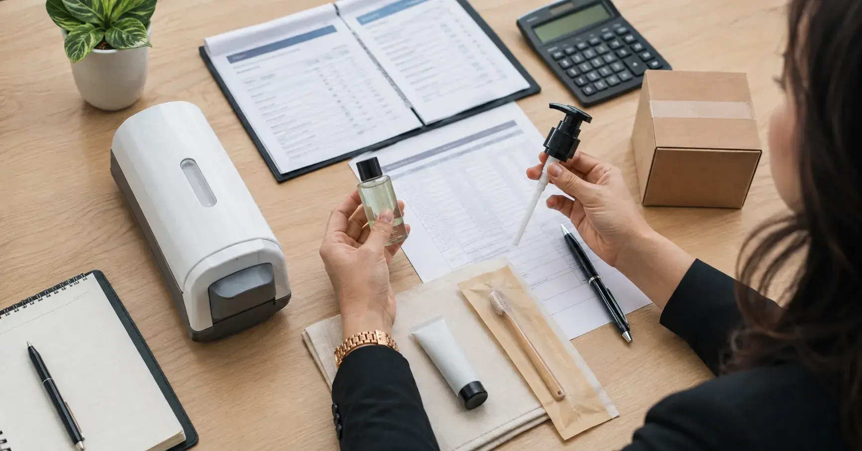 Hotel buyer comparing dispensers, amenity samples, quotations, and operating costs