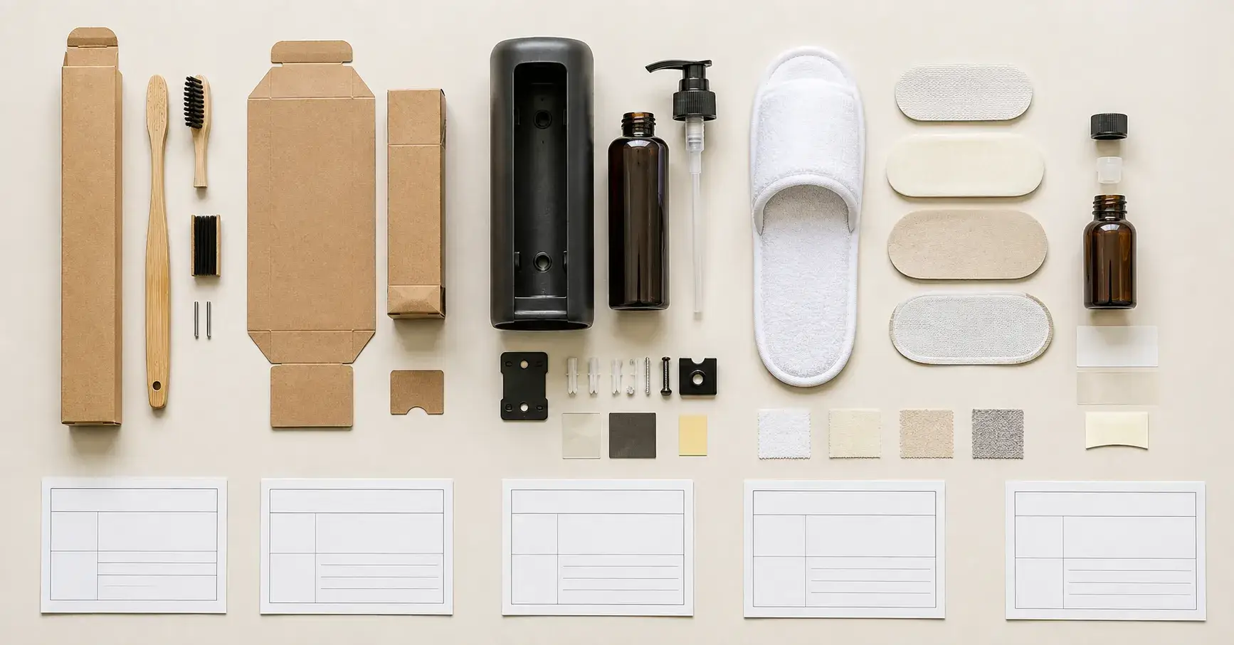 Disassembled hotel amenities revealing bamboo, plastic, paper, metal, and adhesive components