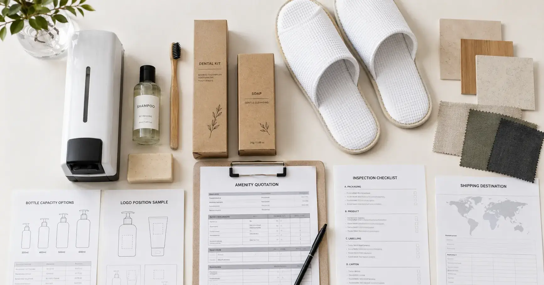 Amenity samples and specification sheets prepared for a detailed hotel RFQ