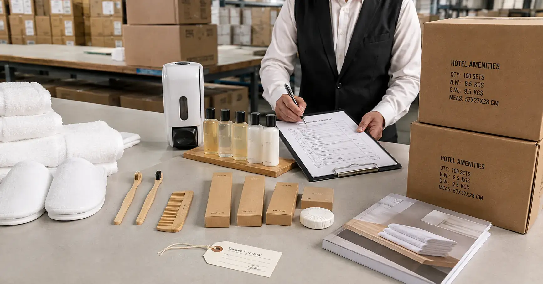 Inspector checking hotel amenities, packaging, documents, samples, and shipment cartons