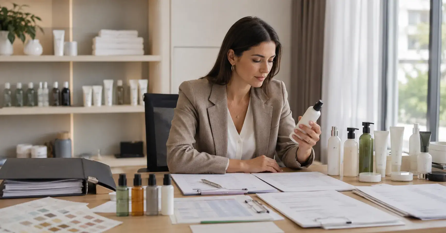 Hotel Shampoo Evaluation Buyer evaluating hotel shampoo samples and supplier documents