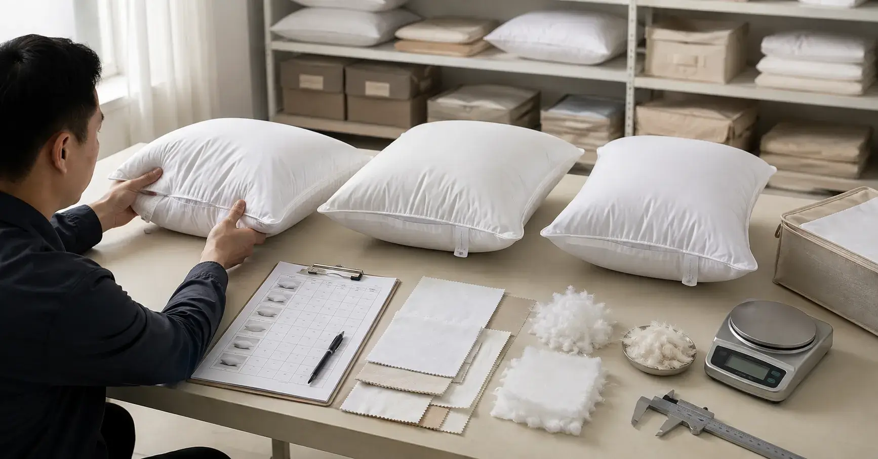 Evaluating Hotel Pillow Manufacturers Buyer evaluating hotel pillows with specifications and material samples