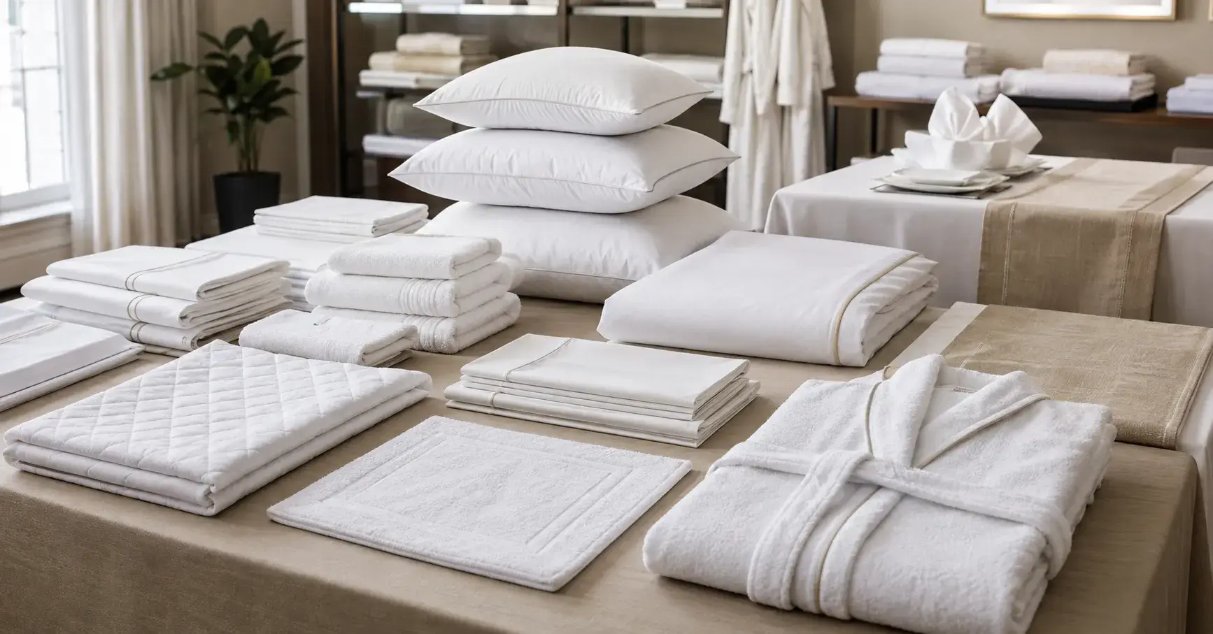 Hotel sheets, towels, bathrobes, bedding, and table linen arranged by category