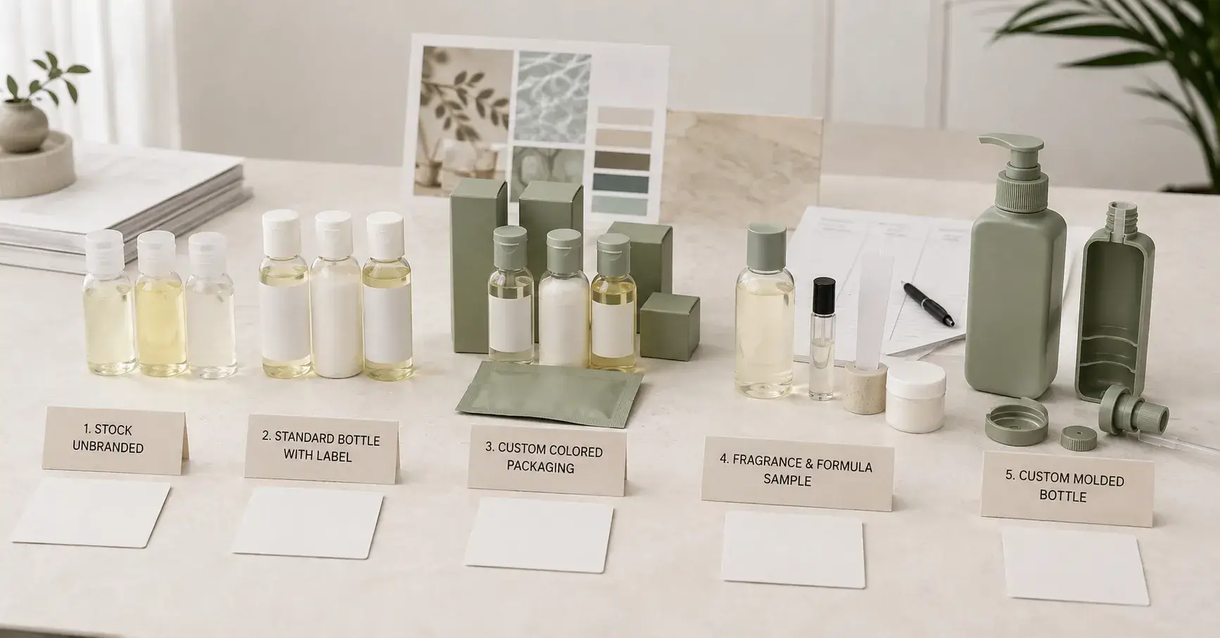 MOQ by Customization Level Stock and custom hotel amenities compared across five customization levels