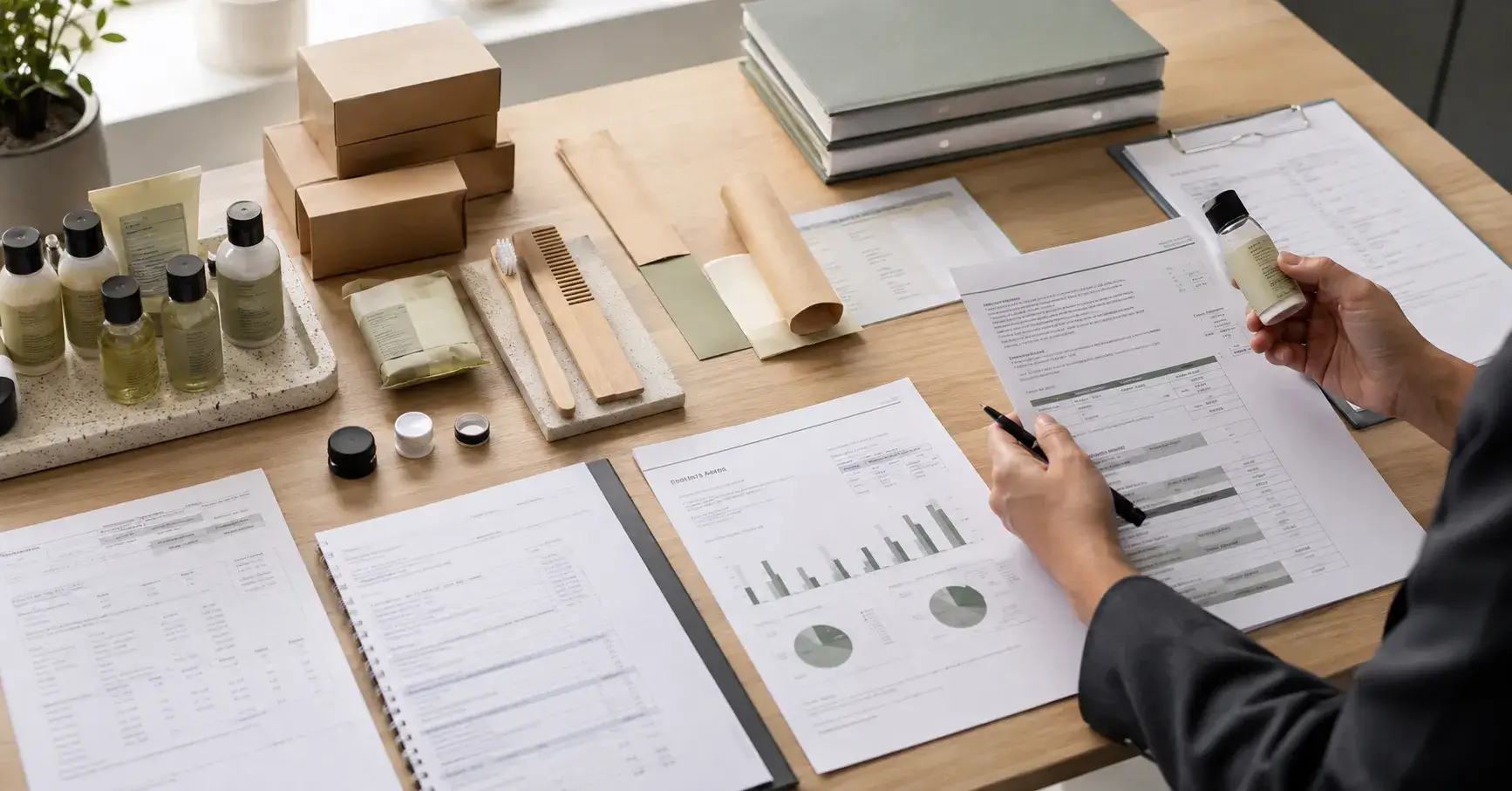 Hotel amenity samples beside material declarations, test reports, and audit records