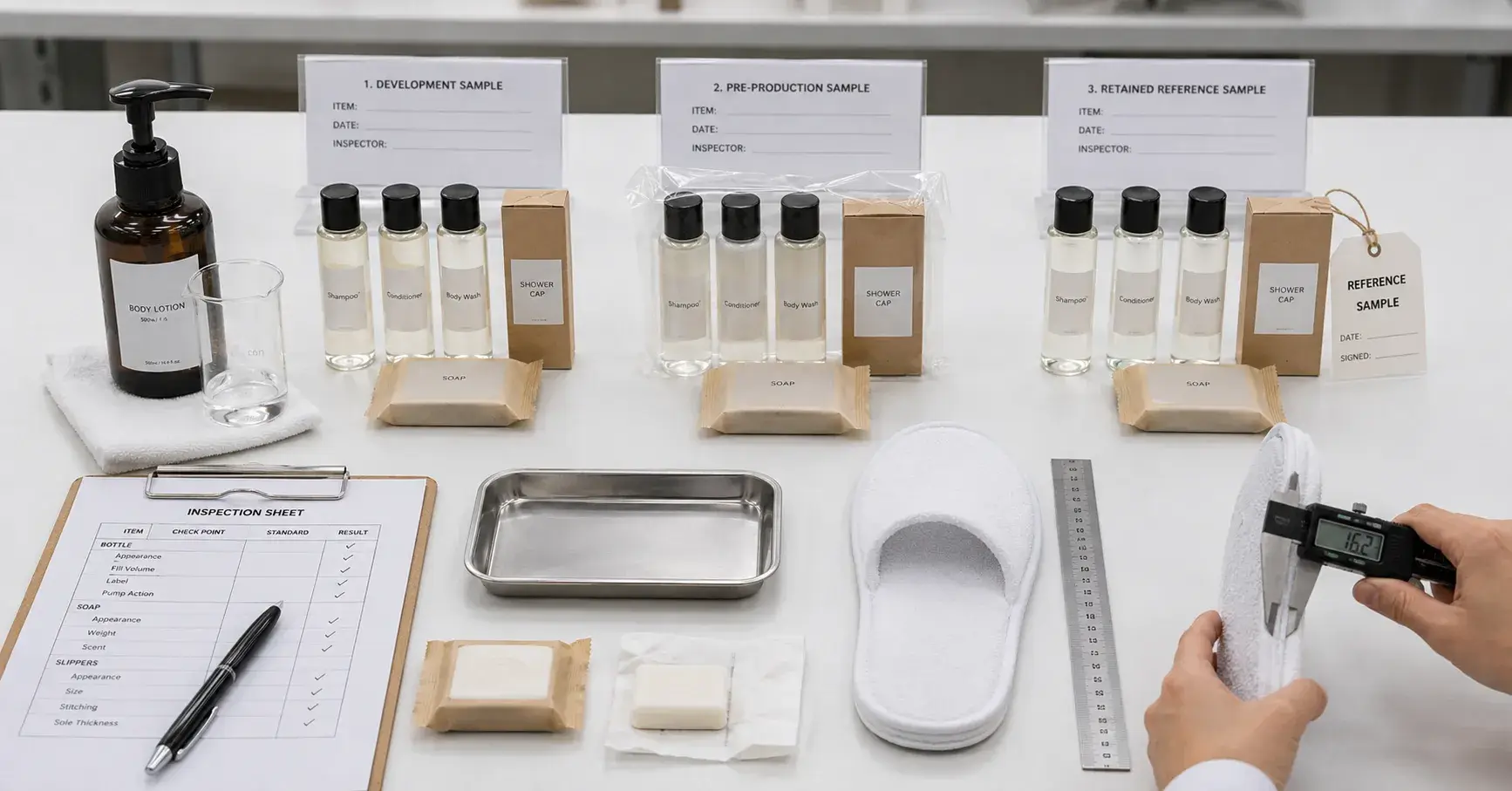Test Samples Before Production Inspector comparing hotel amenity samples with signed production specifications