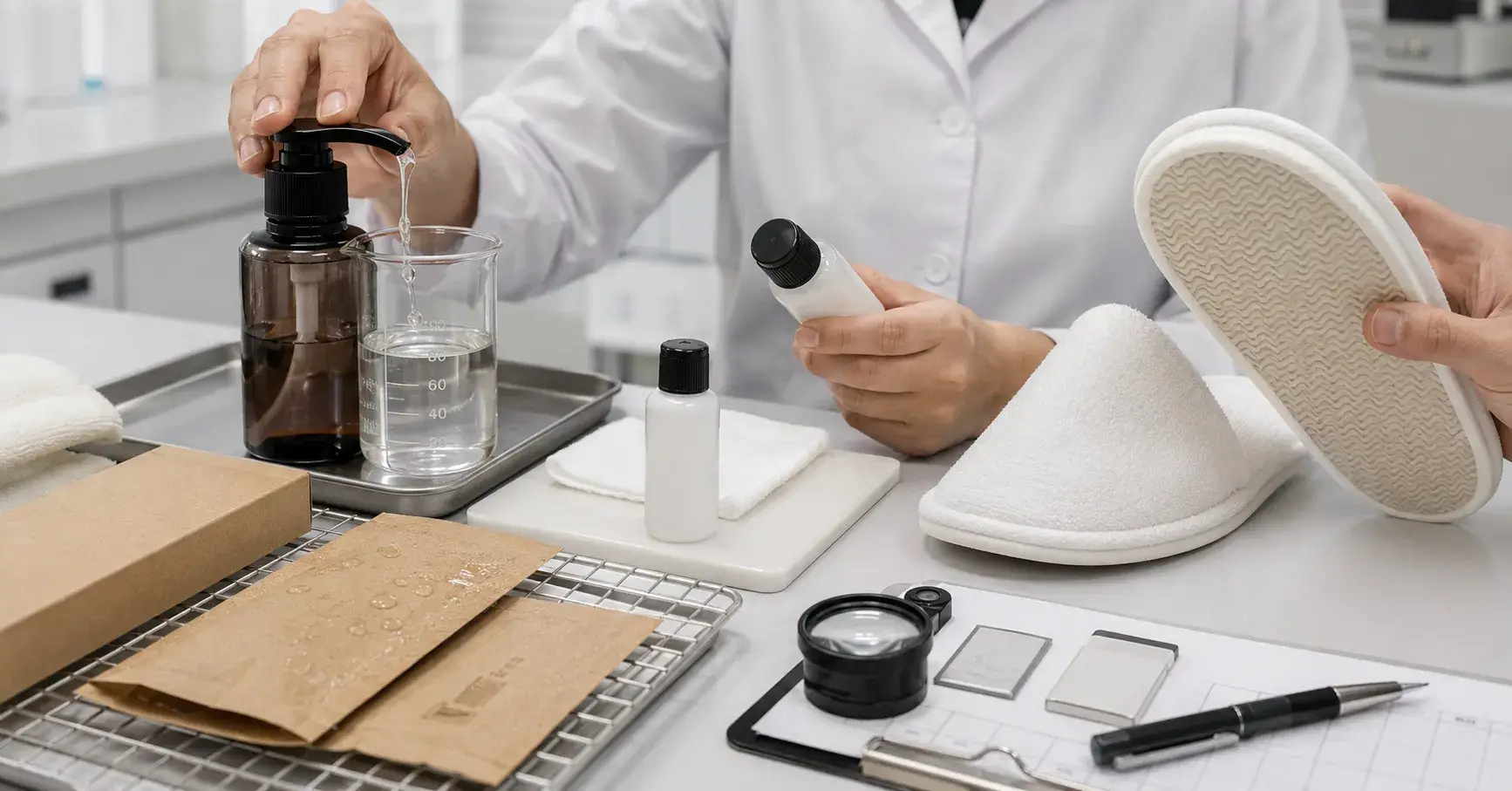 Technician testing dispenser leakage, paper packaging, printing, and hotel slippers