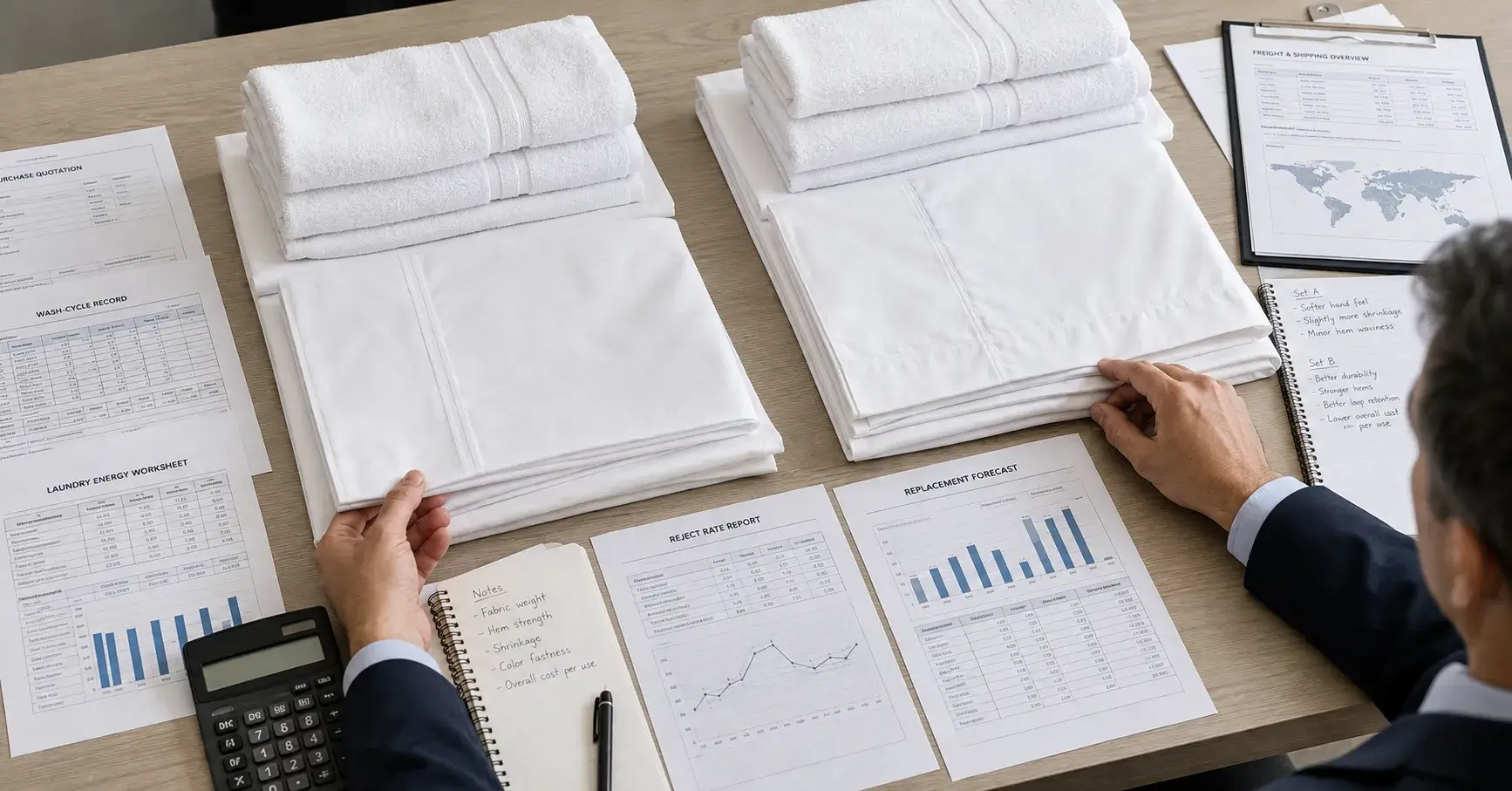Buyer comparing hotel linen prices, laundry costs, durability, and replacement rates