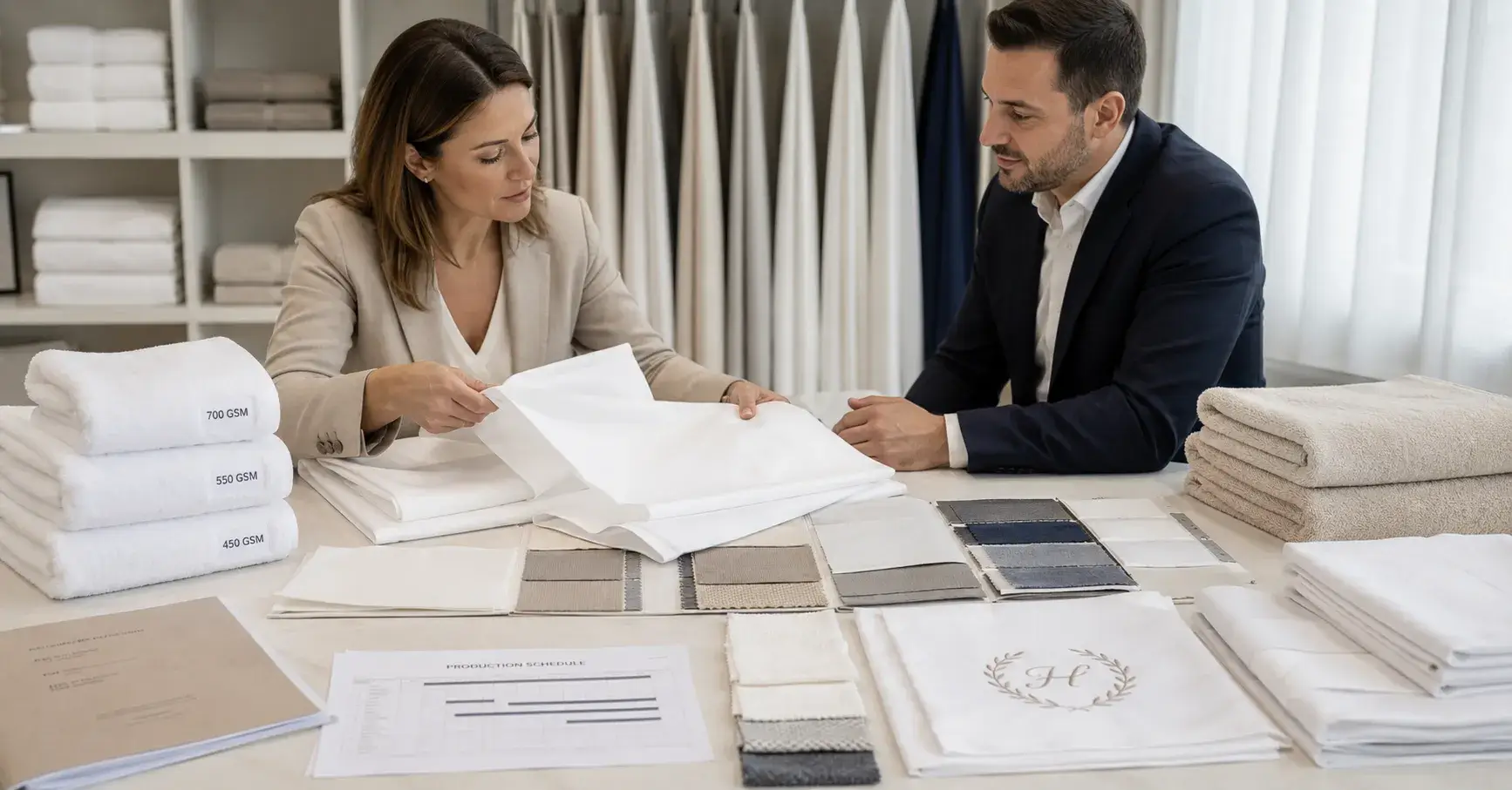 Hotel buyer comparing thread count, towel GSM, fabric blends, and embroidery