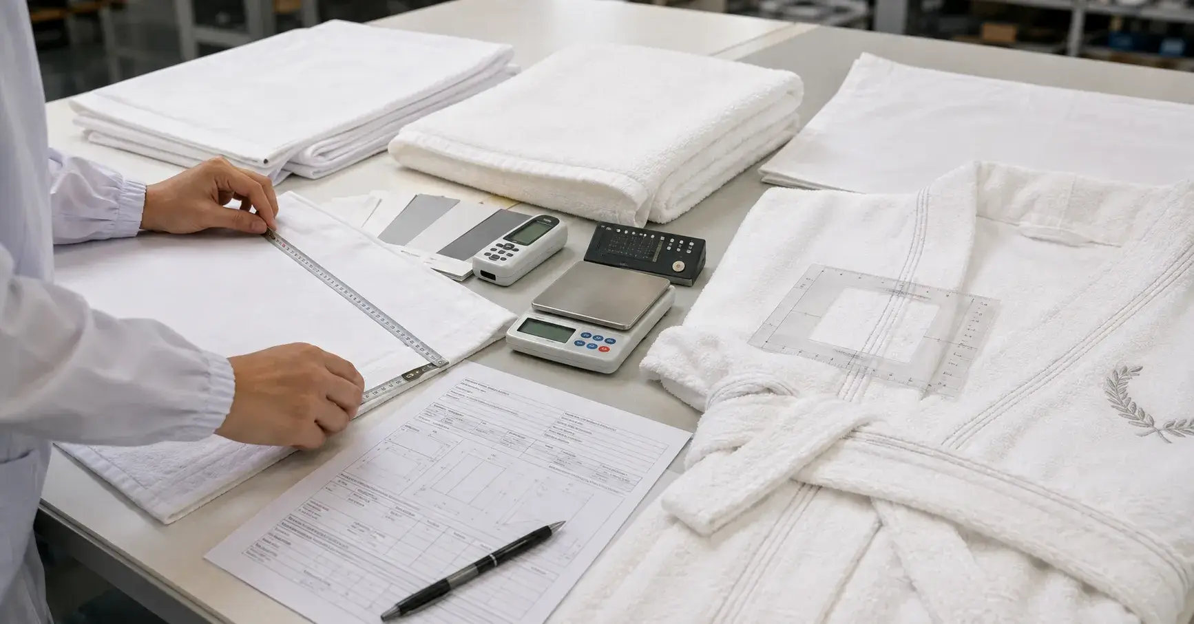Inspector measuring hotel linen dimensions, weight, stitching, and embroidery placement