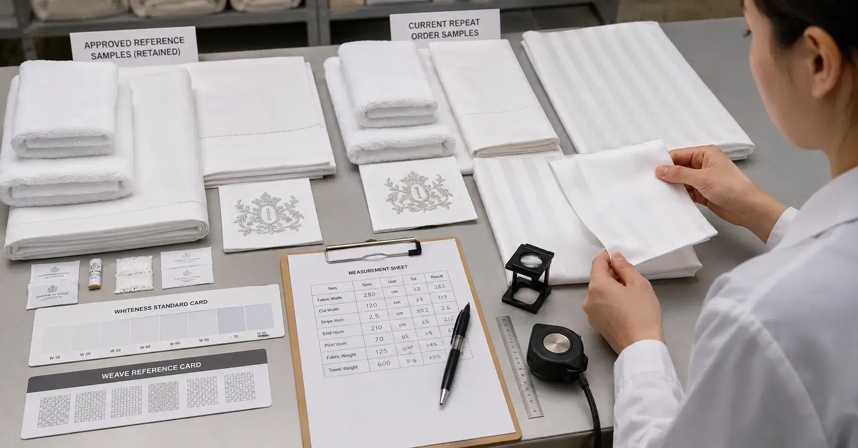 Original and repeat-order hotel linens compared against approved reference samples