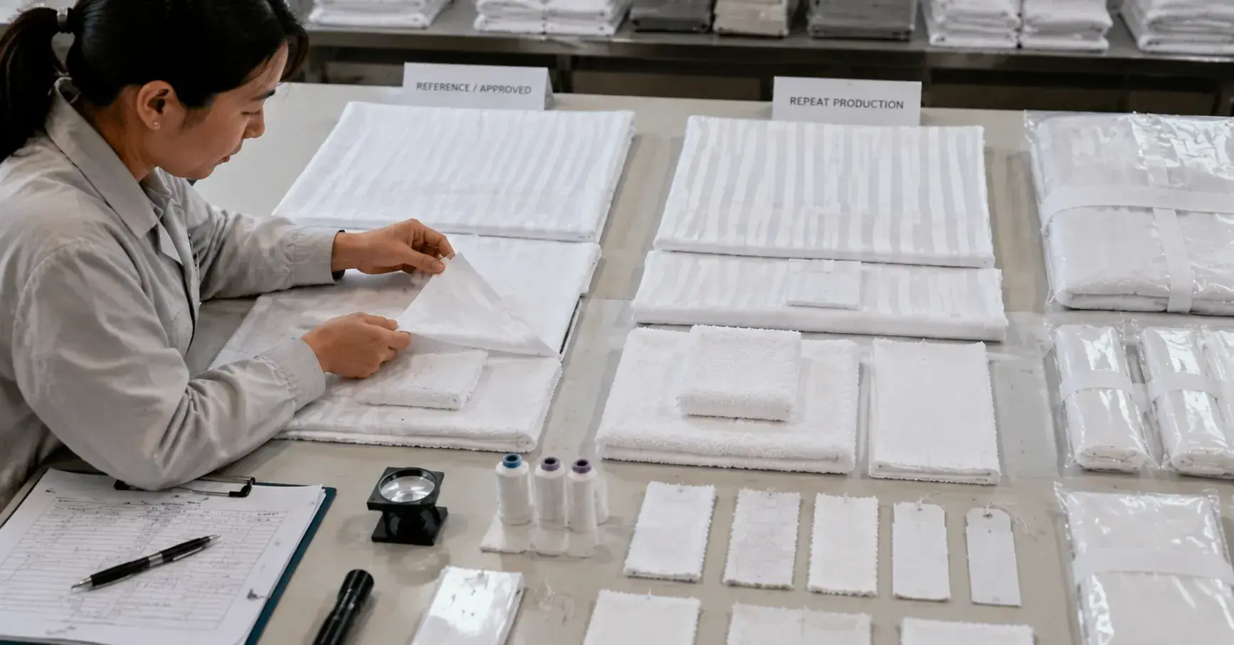 Control Repeat-Order Consistency Original and repeat hotel linen batches compared for color and texture