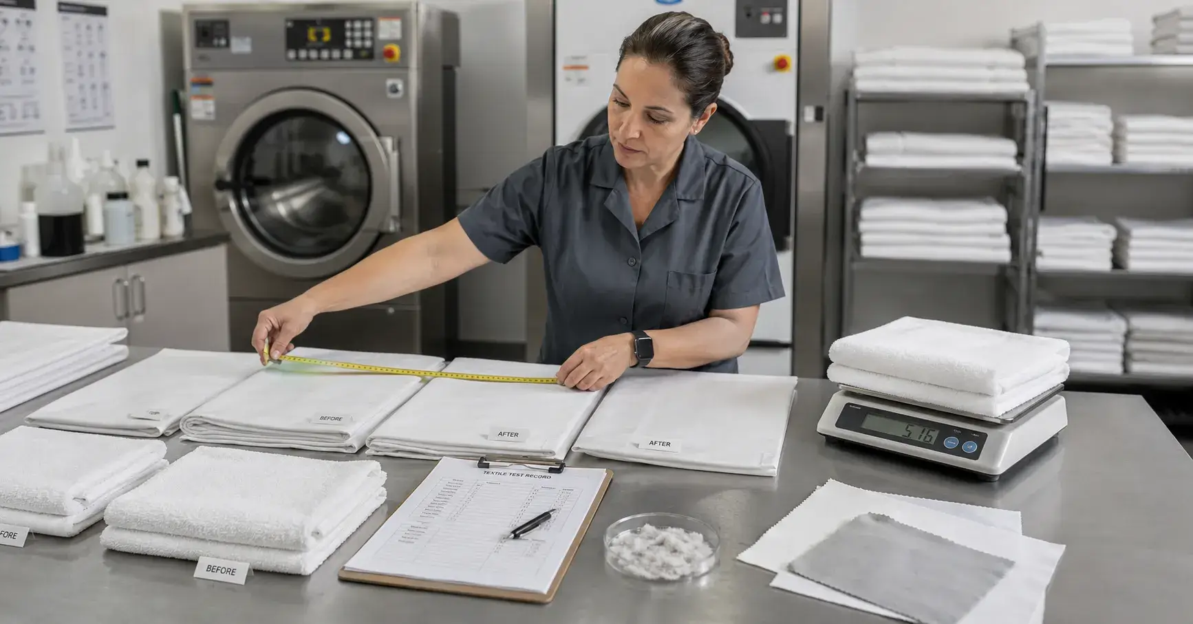 Hotel sheets and towels measured before and after controlled laundry testing