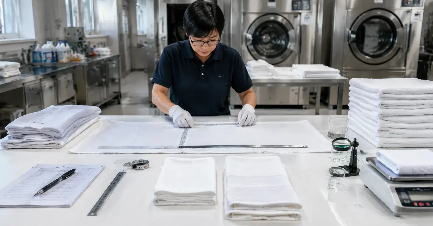 Hotel Linen Sample Testing Hotel sheets and towels measured before and after controlled wash testing