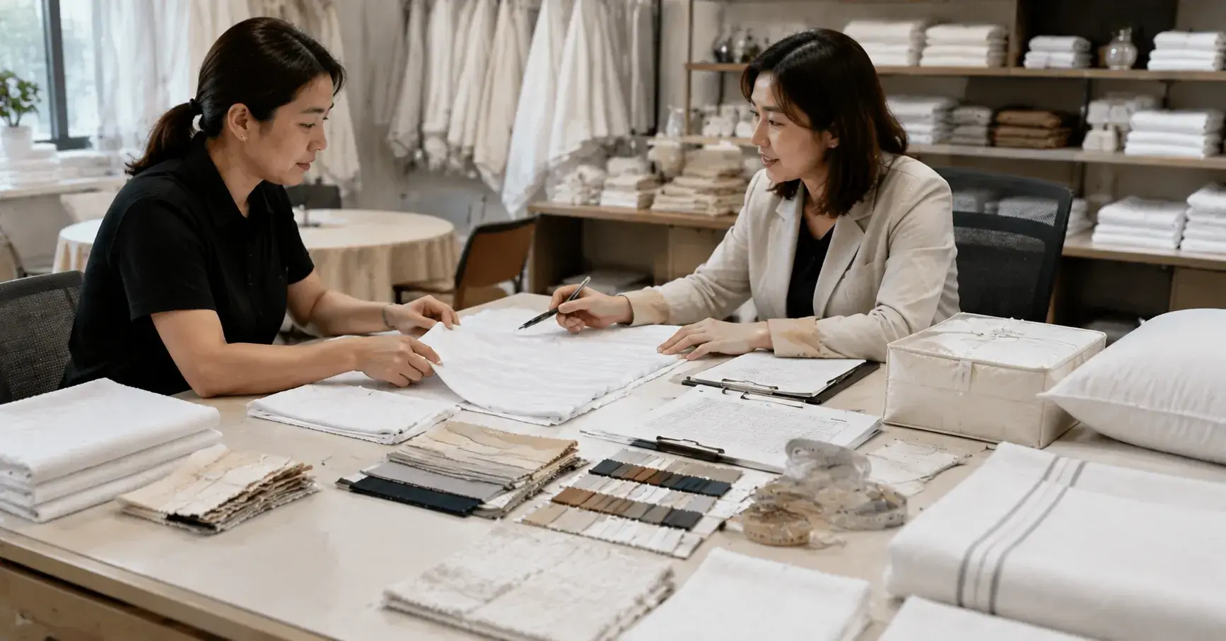 Hotel Linen Buyer Questions Hotel buyer reviewing bedding choices with a linen supplier
