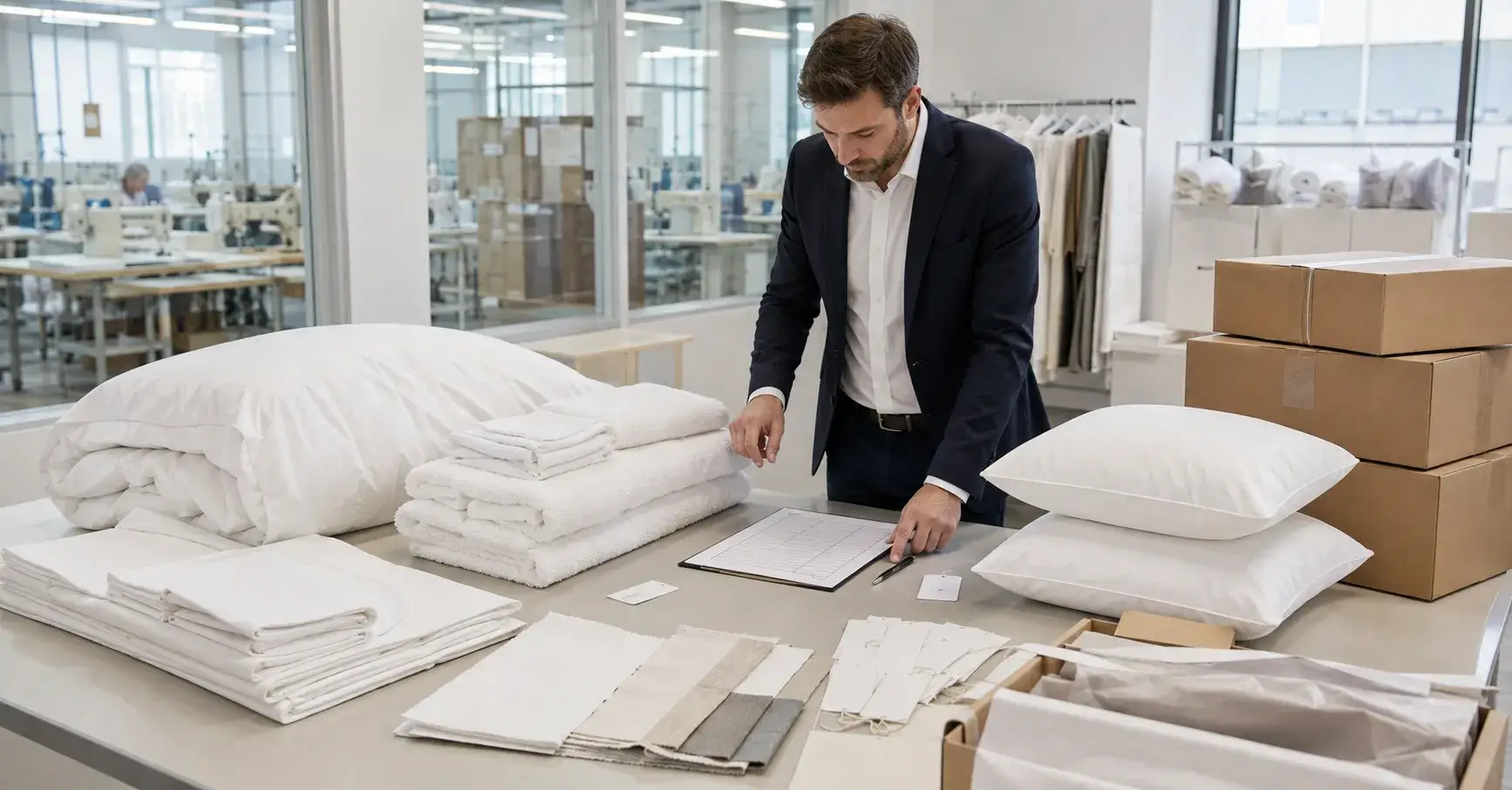 Supplier Business Models Hotel linen buyer comparing factory and multi-category sourcing samples