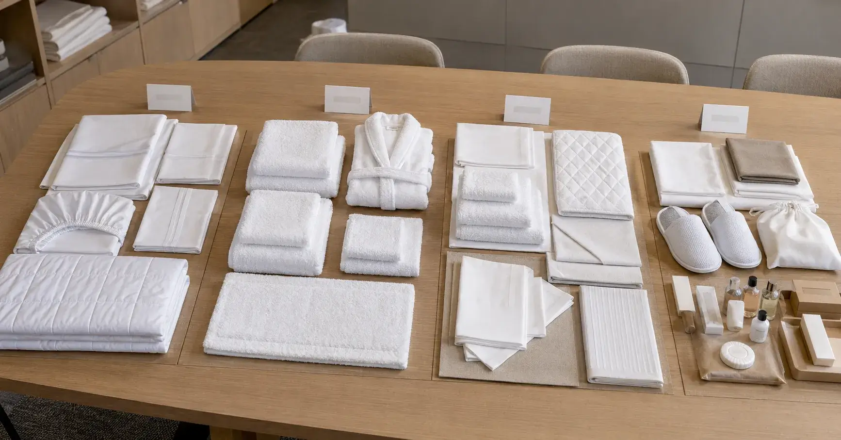 Bedding, terry, and integrated hotel supply samples compared by buyers
