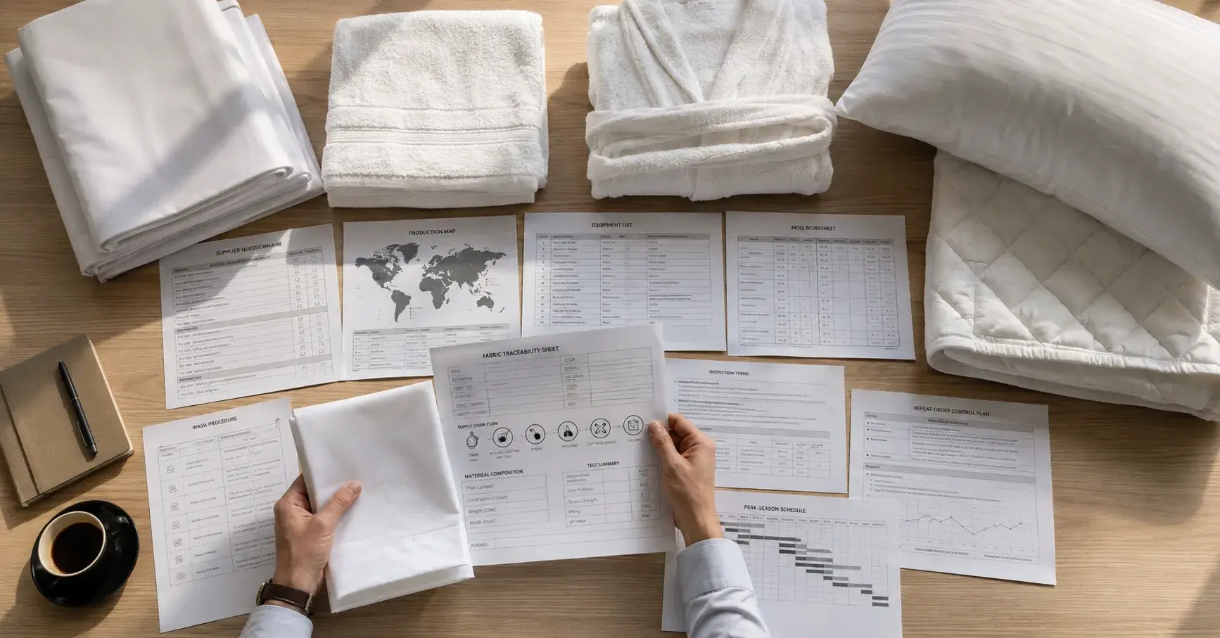 Linen samples and supplier questionnaire prepared for final factory screening