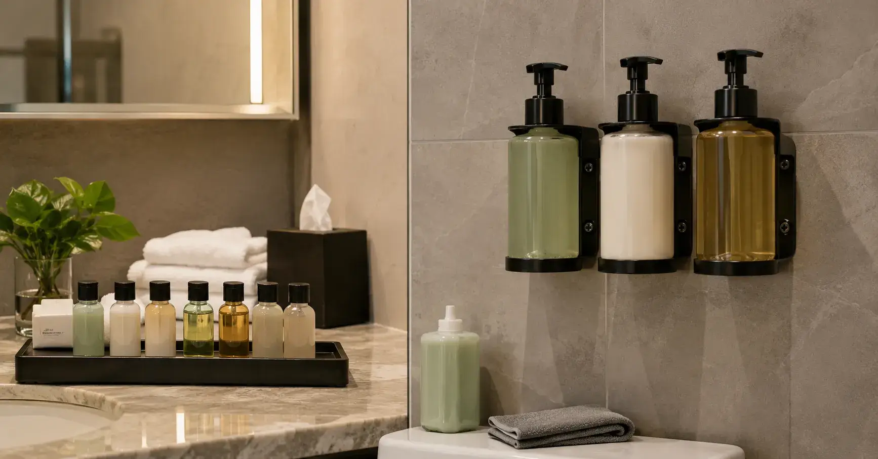 Miniatures Versus Dispensers Miniature toiletries compared with refillable hotel dispensers