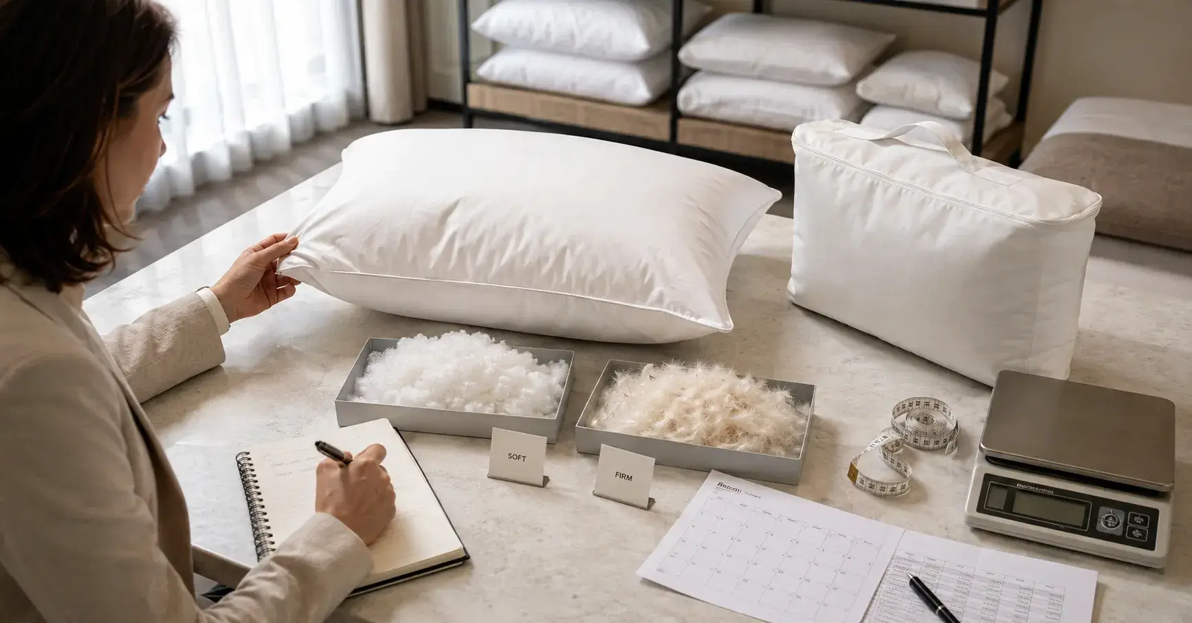 Hotel Pillow Buying Questions Hotel buyer reviewing pillow MOQ lead time and filling options