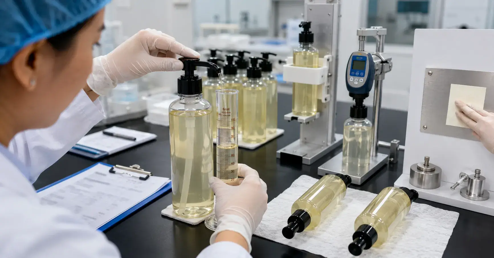 Shampoo Package Testing Technician testing hotel shampoo pumps, bottles, and labels