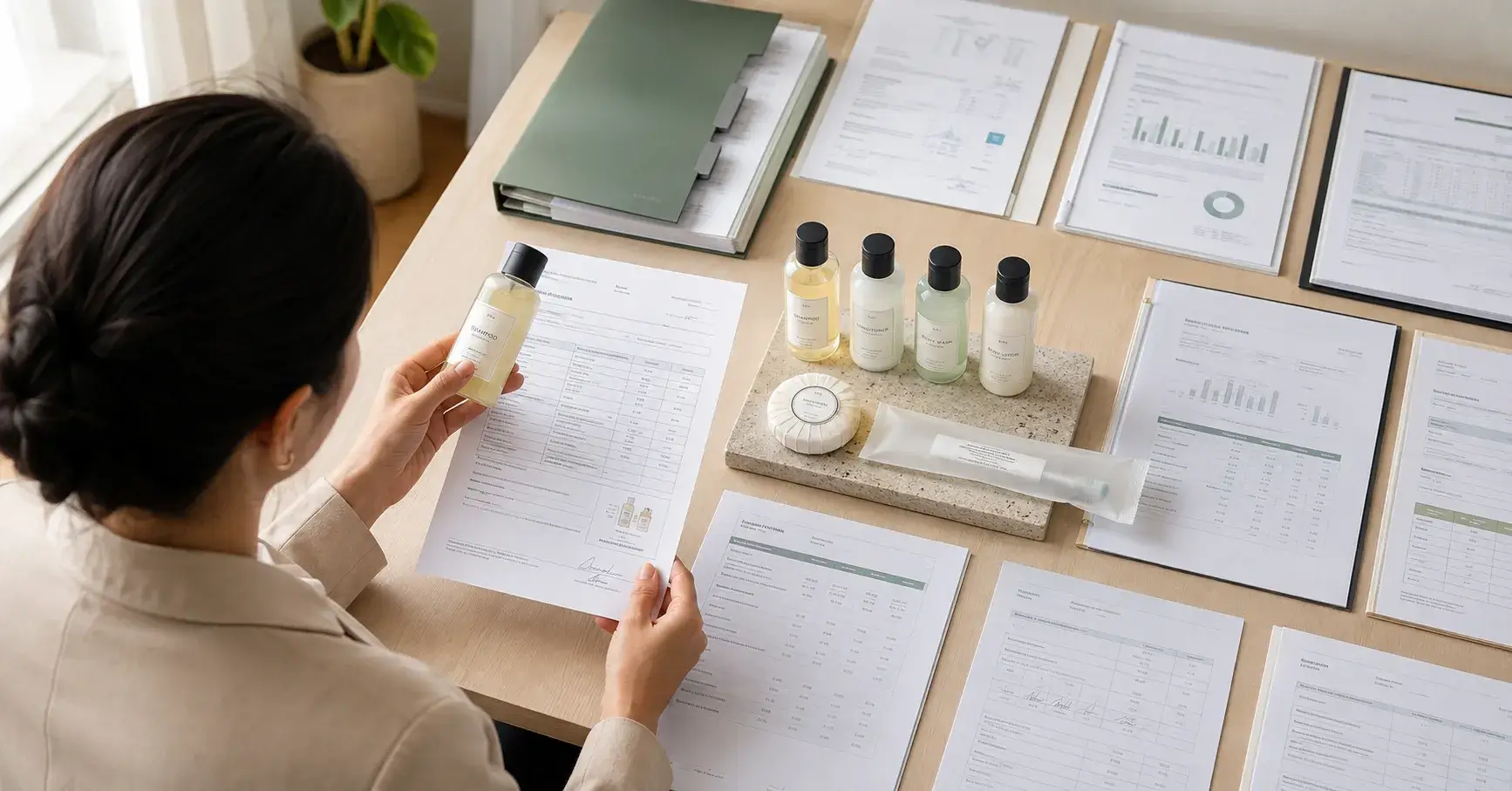 Verifying Toiletry Compliance Hotel toiletries beside formula records, label reviews, and traceability documents